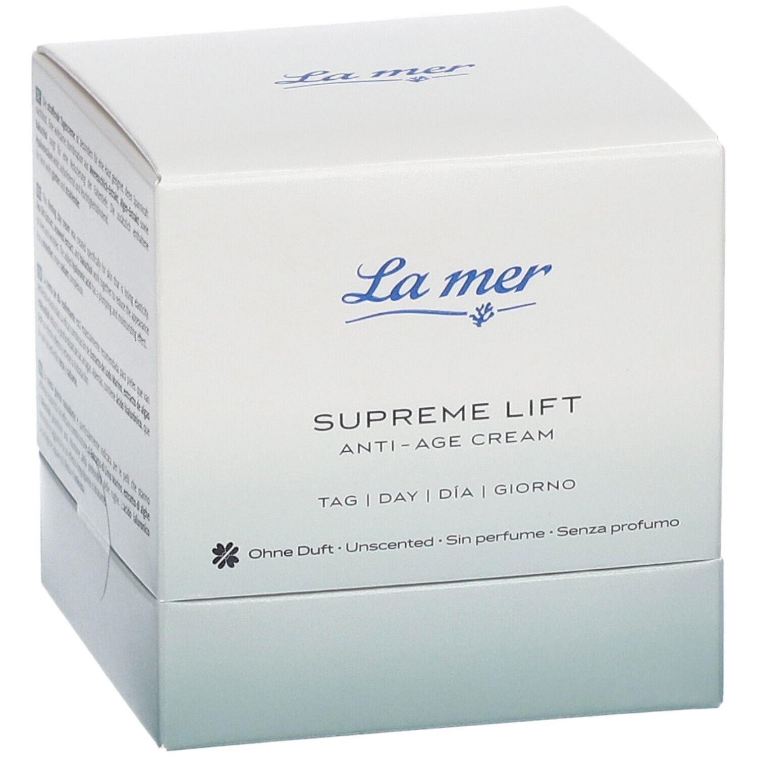Boîte blanche La mer Supreme Lift Anti-Age Cream. Nom du produit et logo. Sans parfum.