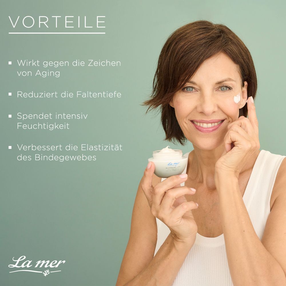 Femme appliquant de la crème. Texte: Avantages. Agit contre le vieillissement, réduit les rides, hydrate, améliore l'élasticité.