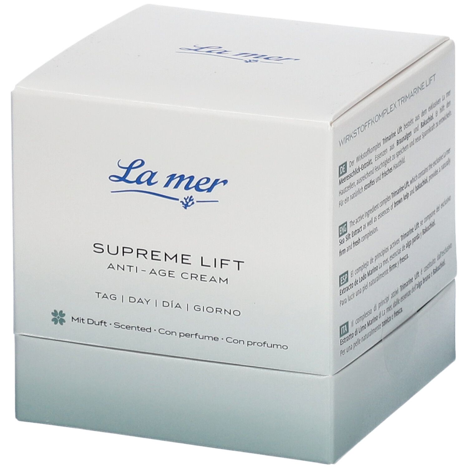 Boîte carrée blanche avec logo La mer et nom du produit: SUPREME LIFT ANTI-AGE CREAM. Texte en allemand, anglais, espagnol et italien.