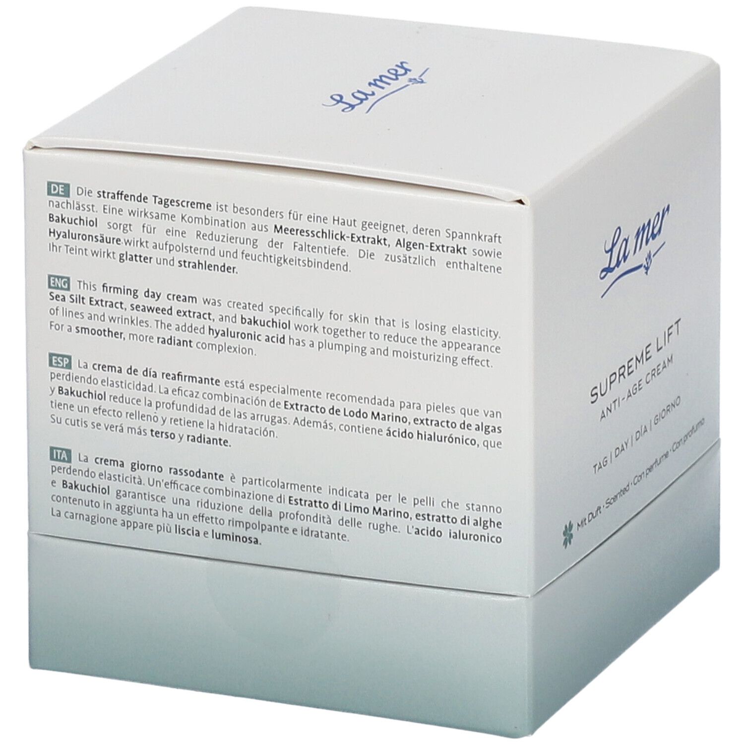 Dos de la boîte blanche avec informations produit en allemand, anglais, espagnol et italien. Contient ingrédients et instructions d'utilisation.