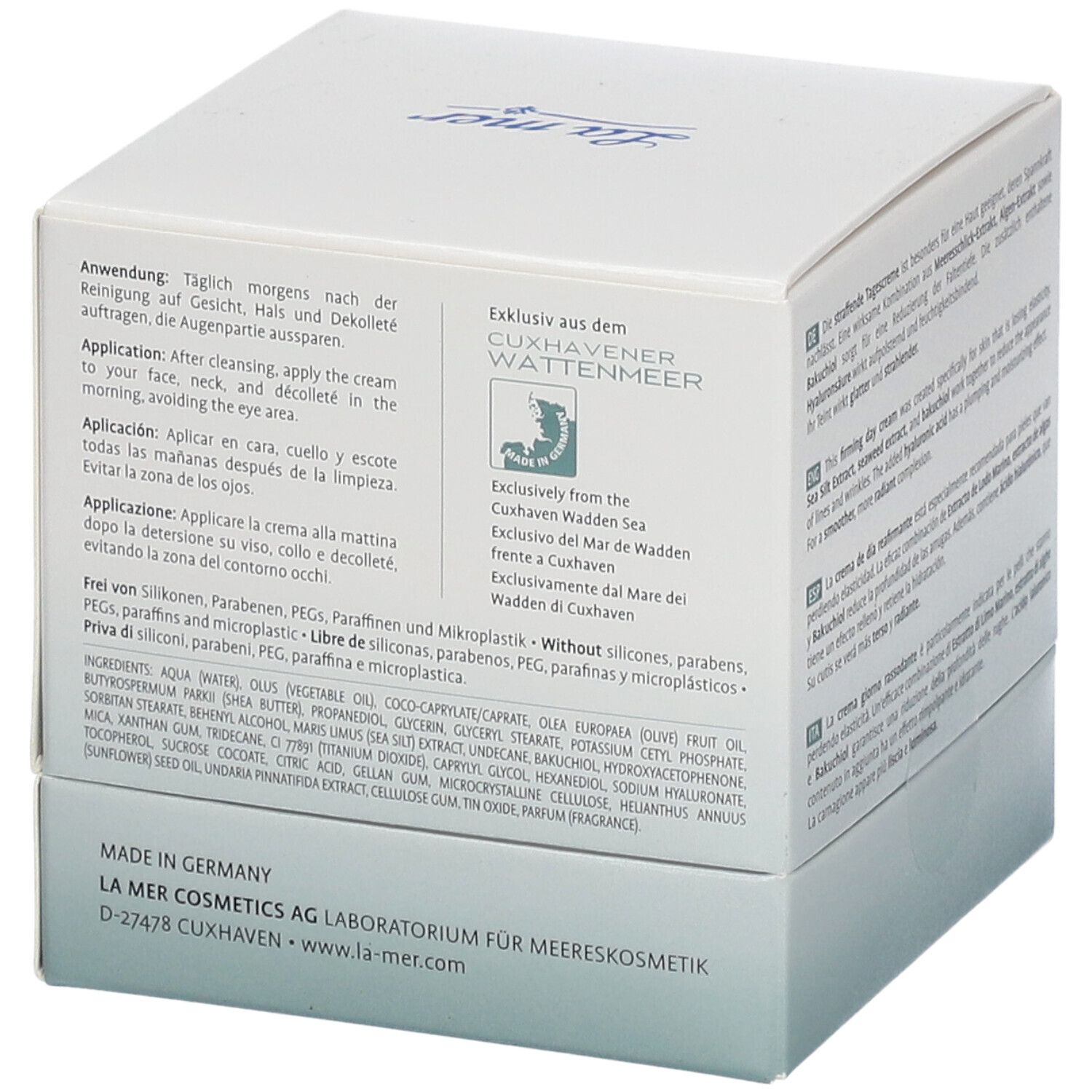 Dessus de la boîte blanche avec informations produit et ingrédients. Contient logo et adresse de La mer Cosmetics.