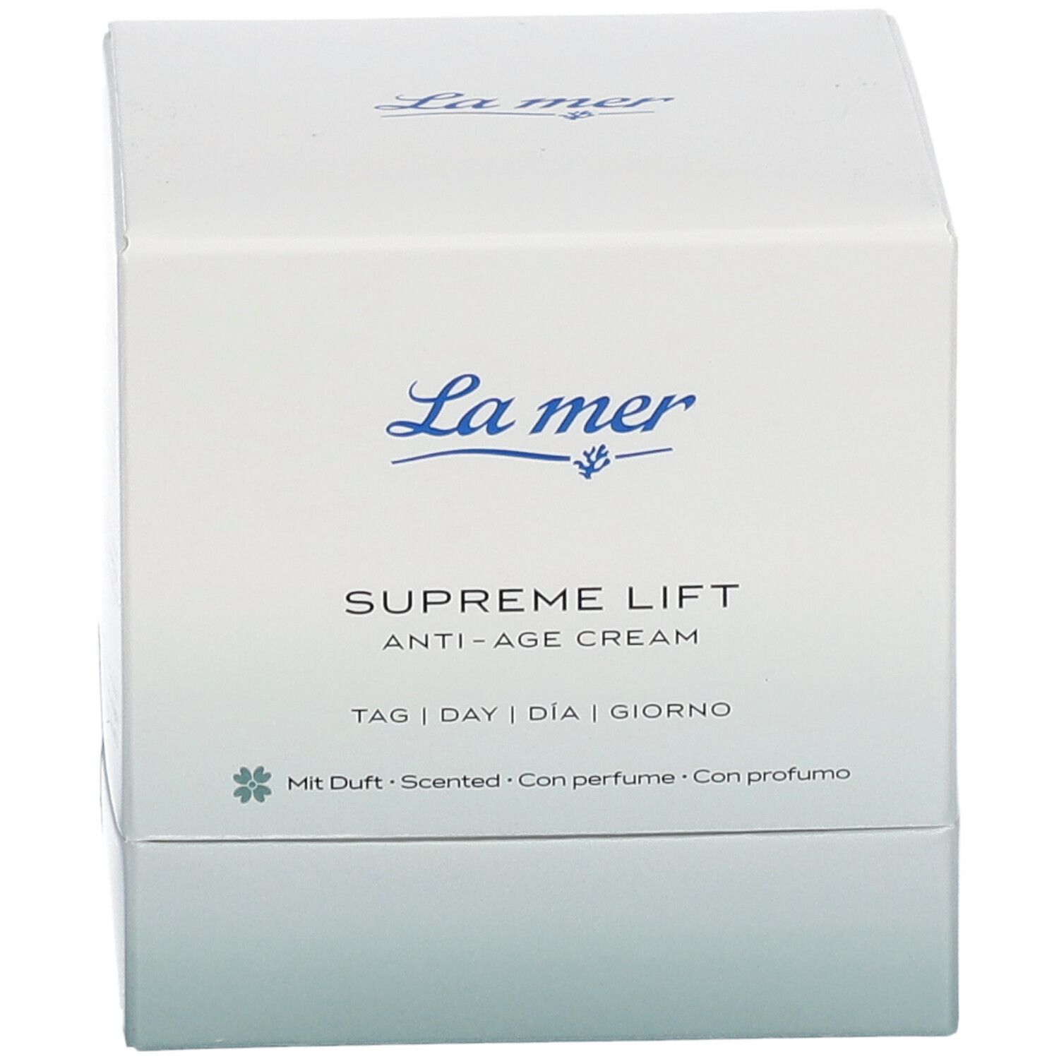 Boîte blanche avec logo La mer et nom du produit: SUPREME LIFT ANTI-AGE CREAM. Texte en allemand, anglais, espagnol et italien. Avec parfum.