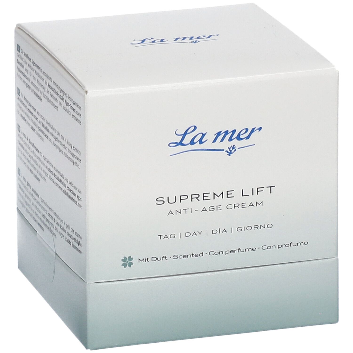 Boîte blanche avec logo La mer et nom du produit: SUPREME LIFT ANTI-AGE CREAM. Texte en allemand, anglais, espagnol et italien. Avec parfum.