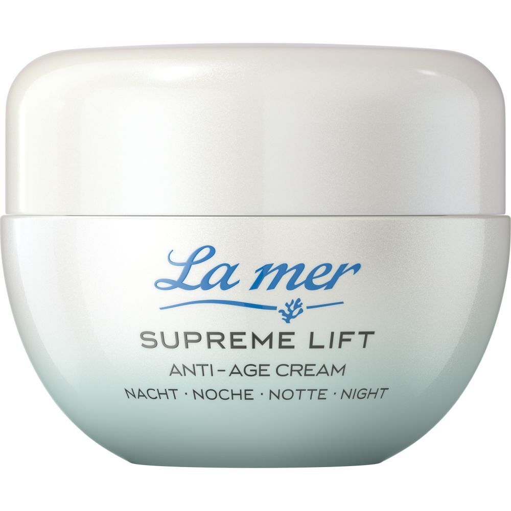 La mer SUPREME LIFT ANTI-AGE CREAM Nacht. Pot blanc avec nom et logo du produit.