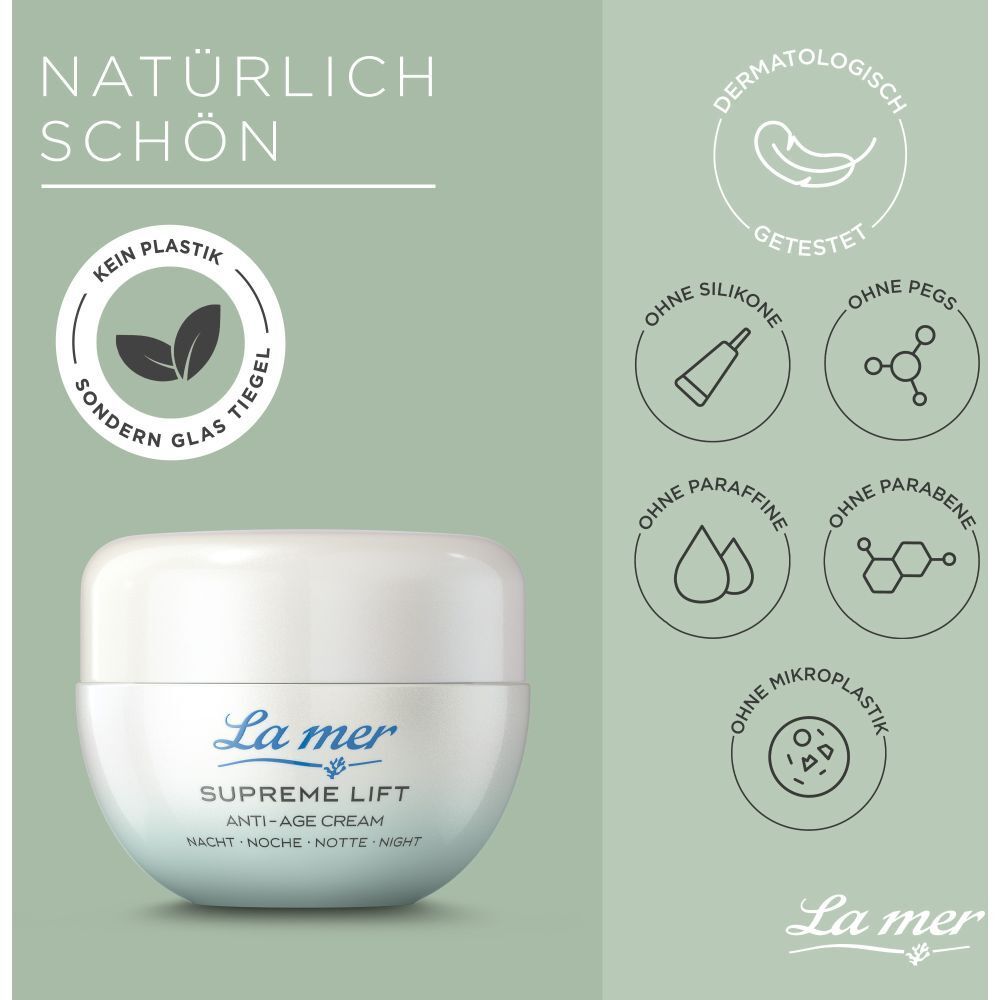 Pot La mer SUPREME LIFT ANTI-AGE CREAM Nacht. Texte : Naturellement beau, sans silicones, sans parabènes, etc.