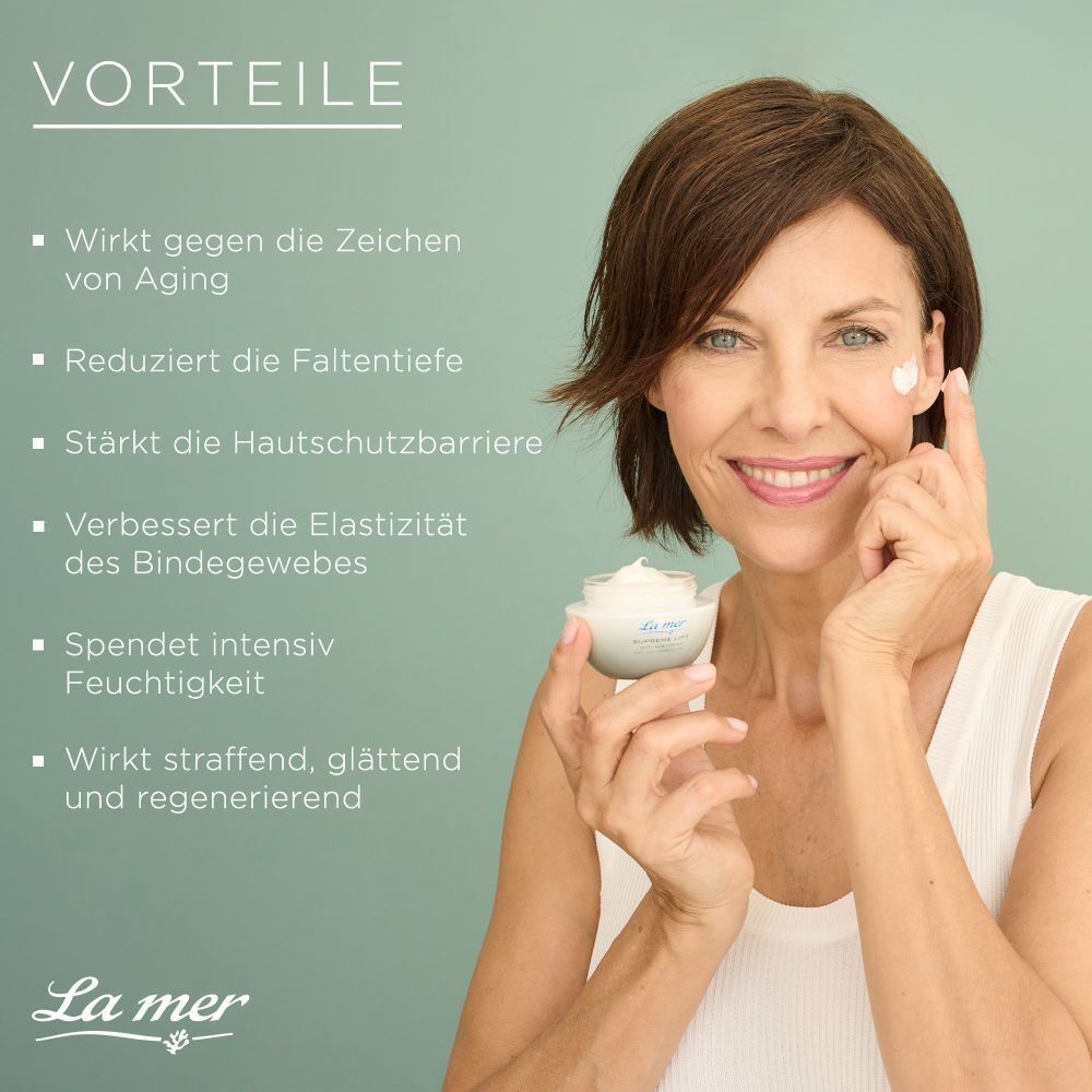 Femme appliquant de la crème. Texte : Avantages, agit contre le vieillissement, réduit les rides, renforce la barrière cutanée, etc. Logo La mer.