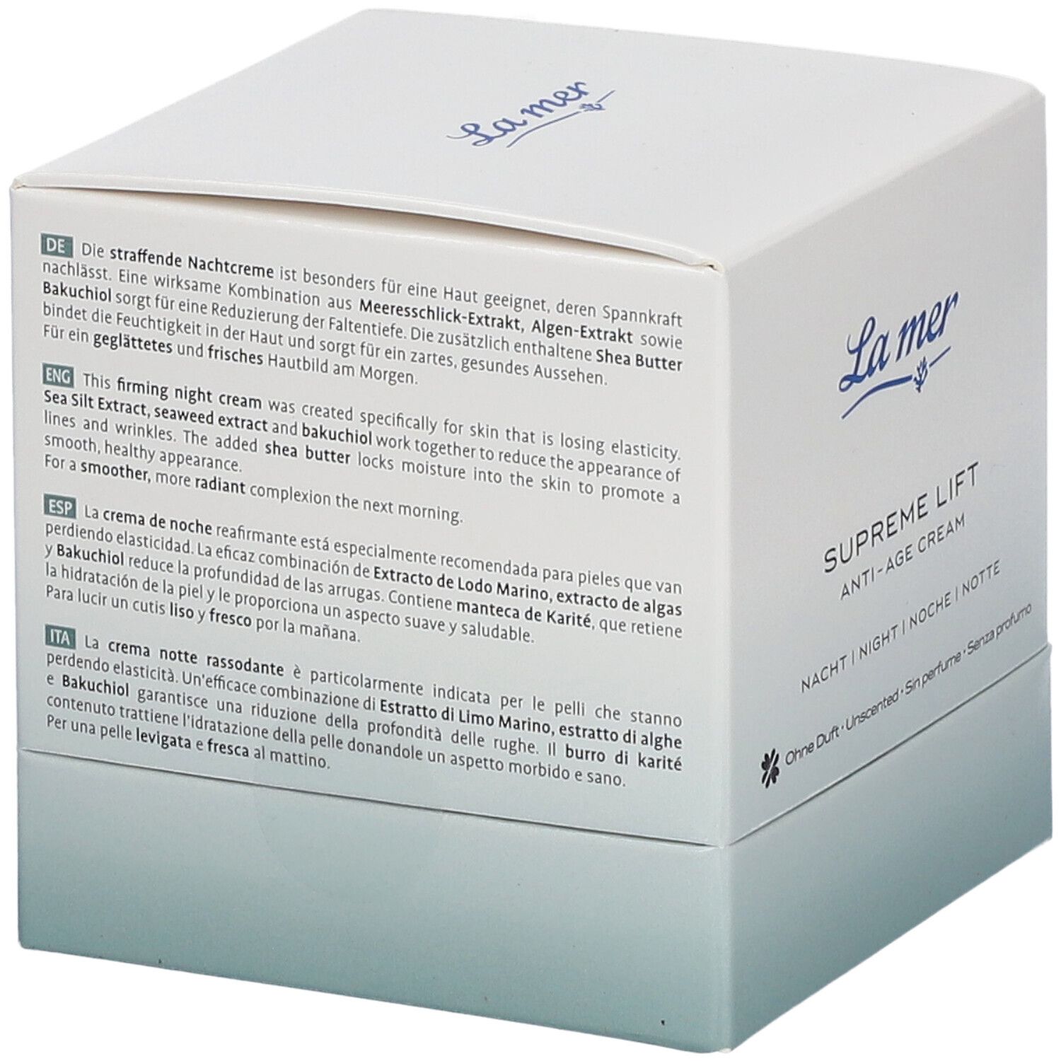Dos de l'emballage La mer SUPREME LIFT ANTI-AGE CREAM Nacht. Description du produit en plusieurs langues.
