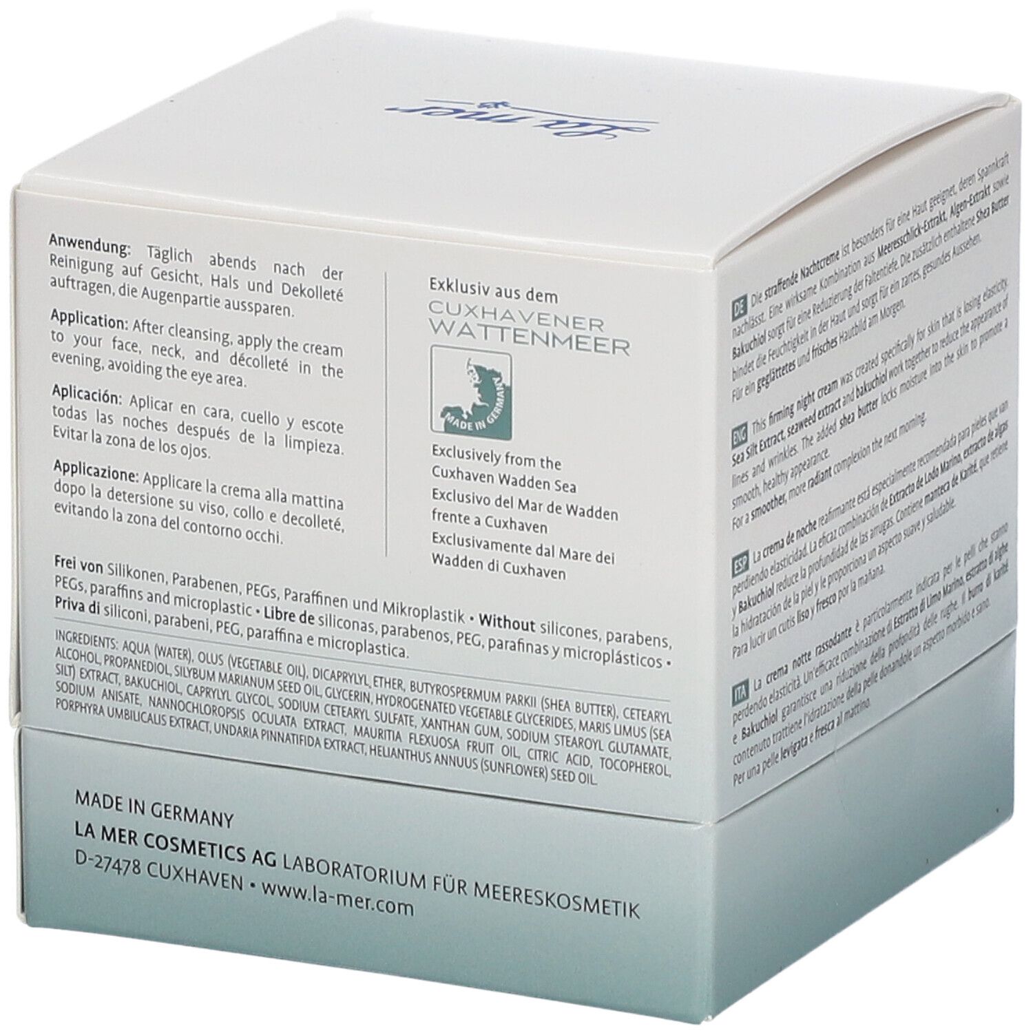 Dos de l'emballage La mer SUPREME LIFT ANTI-AGE CREAM Nacht. Instructions d'utilisation et ingrédients.