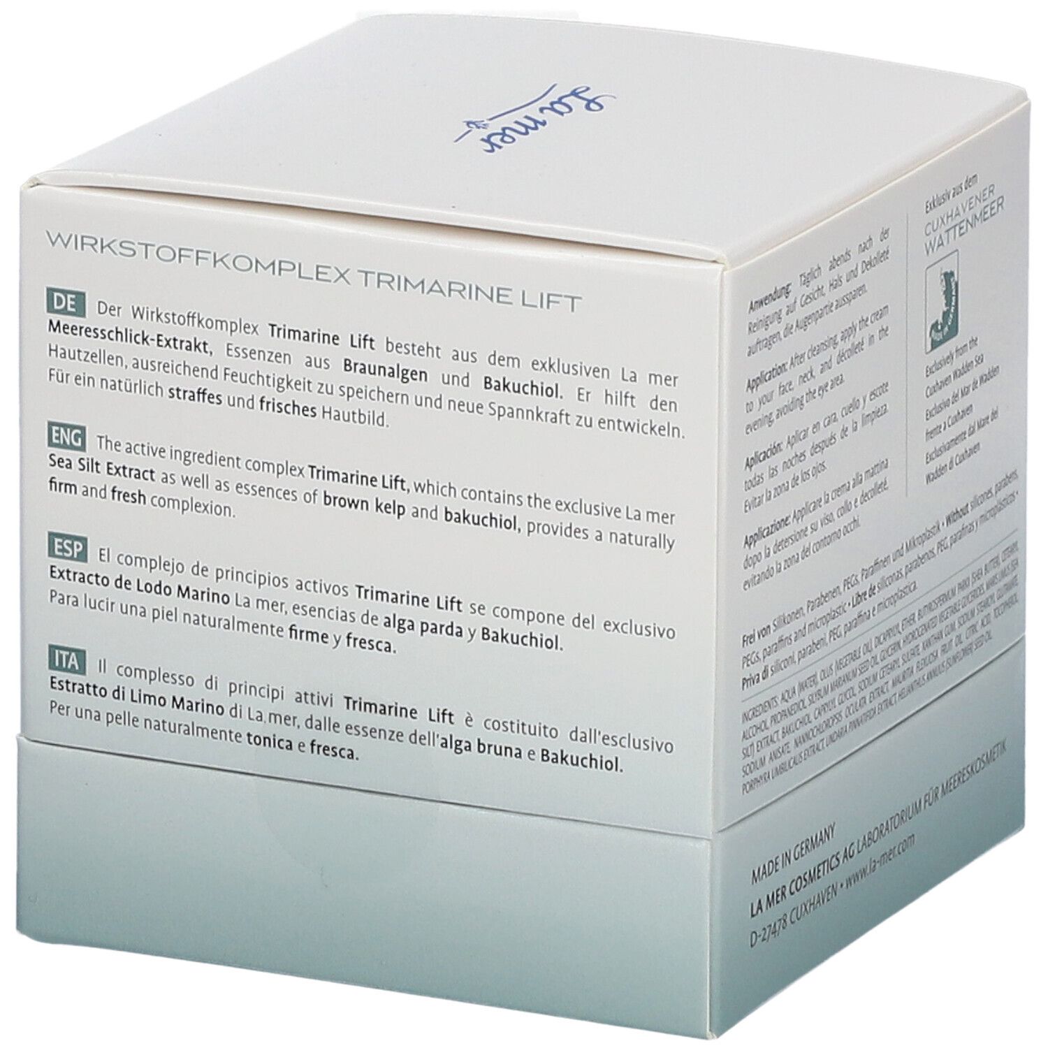 Emballage La mer SUPREME LIFT ANTI-AGE CREAM Nacht. Texte sur le complexe d'ingrédients Trimarine Lift.