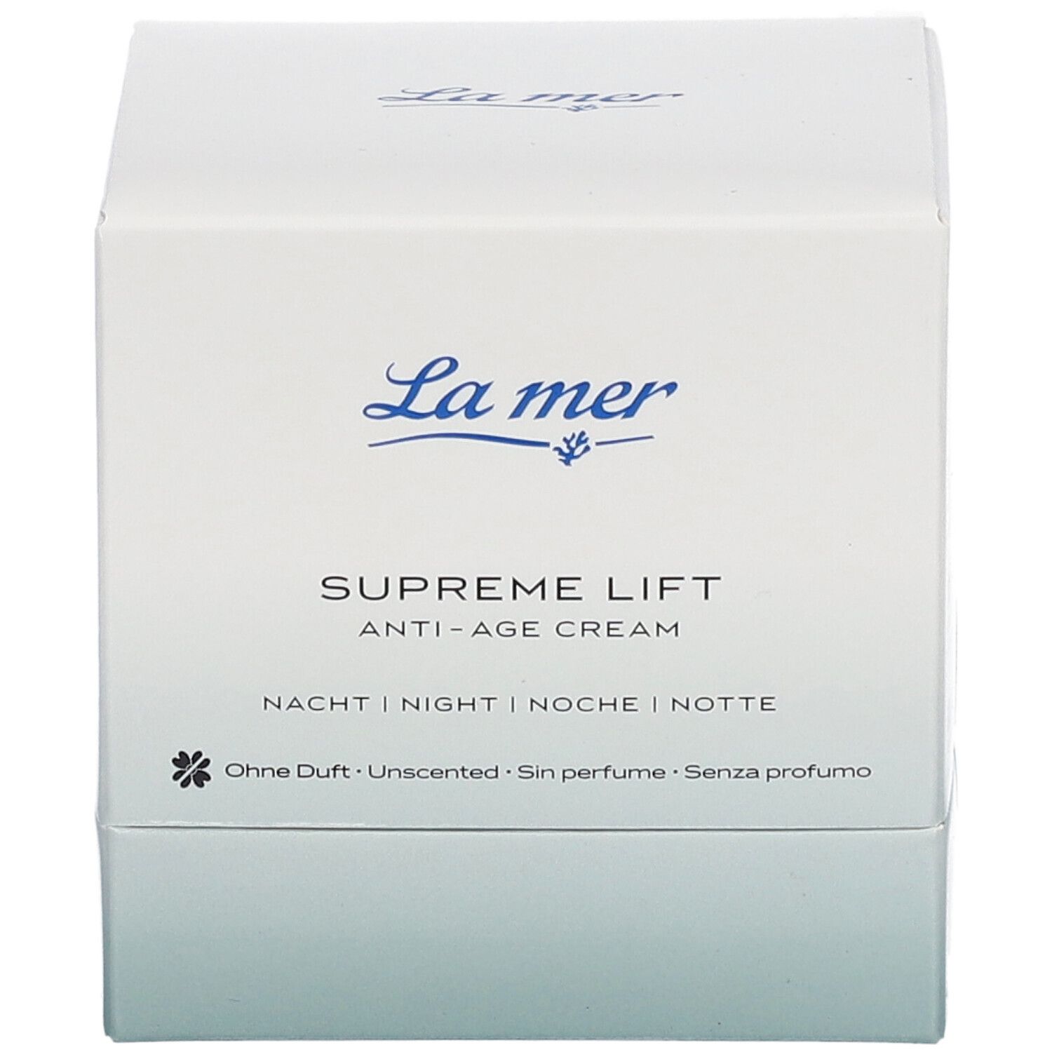 La mer SUPREME LIFT ANTI-AGE CREAM Nacht. Emballage blanc avec nom et logo du produit.
