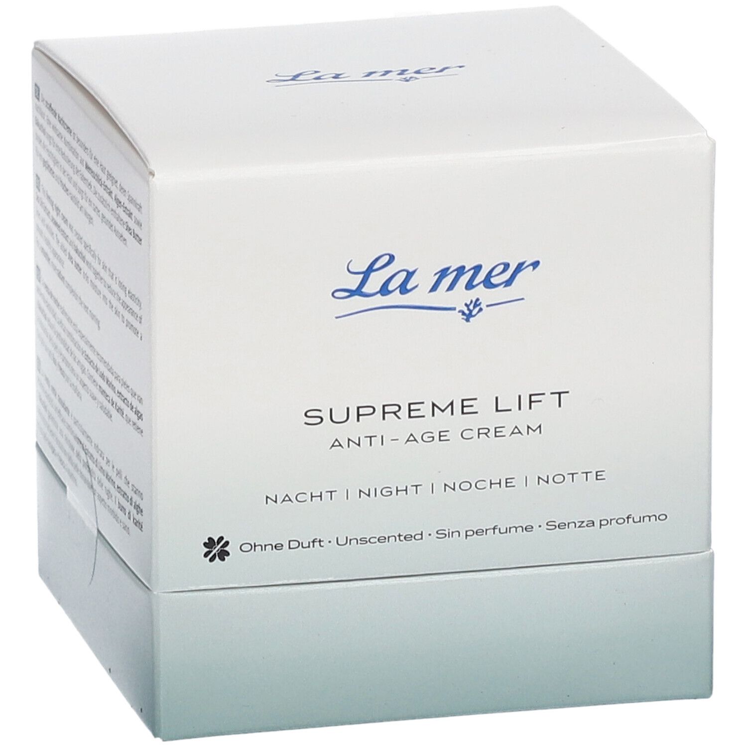 La mer SUPREME LIFT ANTI-AGE CREAM Nacht. Emballage blanc avec nom et logo du produit.