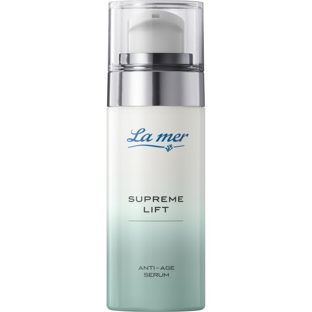 La mer SUPREME LIFT ANTI-AGE SERUM dans un flacon blanc avec pompe argentée.