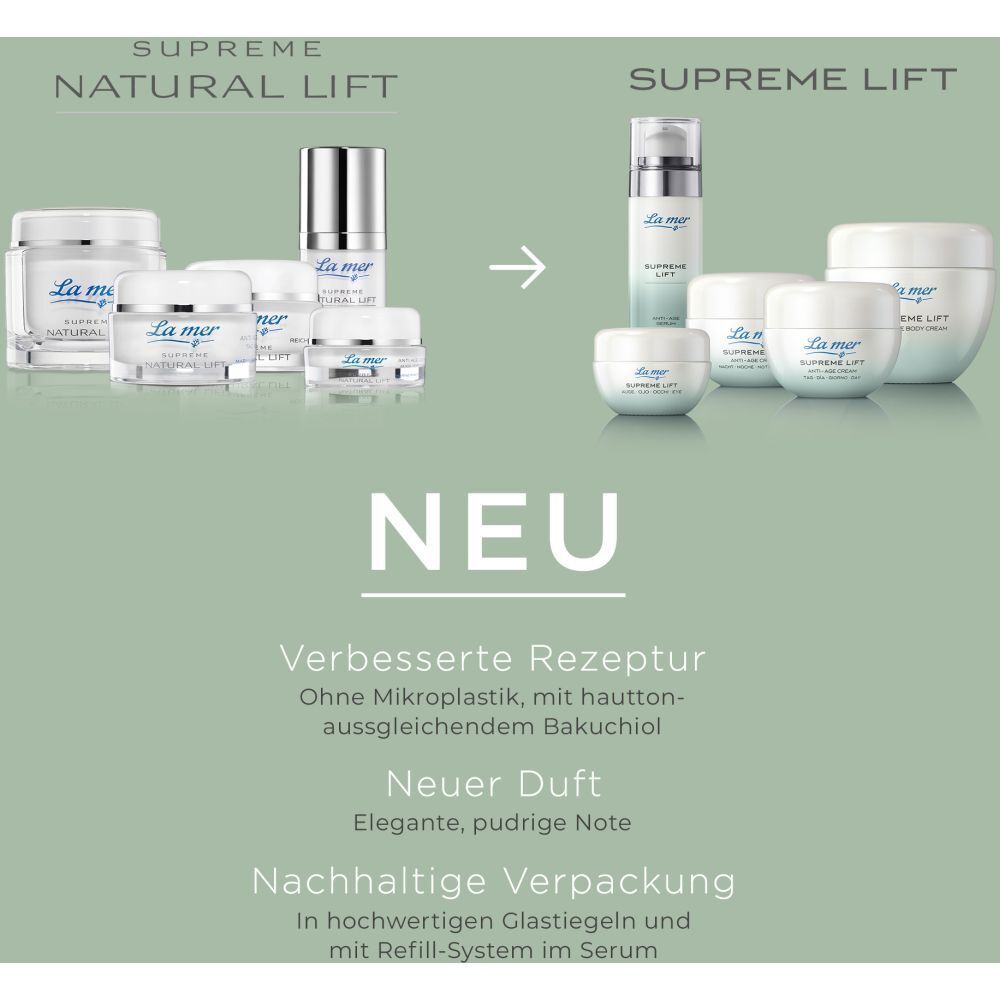 Comparaison de produits : avant-après des produits La mer. Texte : NOUVEAU, formule améliorée.