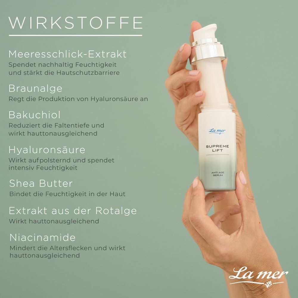 Mains tenant un flacon de sérum La mer SUPREME LIFT. Texte : Ingrédients actifs, extrait de limon marin, algue brune, bakuchiol.