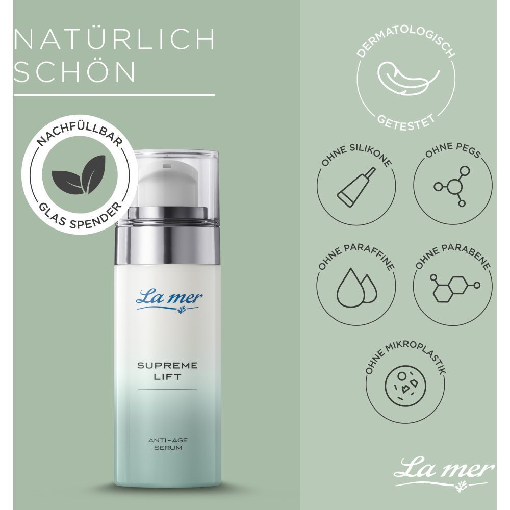 Flacon de sérum La mer SUPREME LIFT avec texte : Naturellement beau, testé dermatologiquement. Sans silicones, paraffines, parabènes.