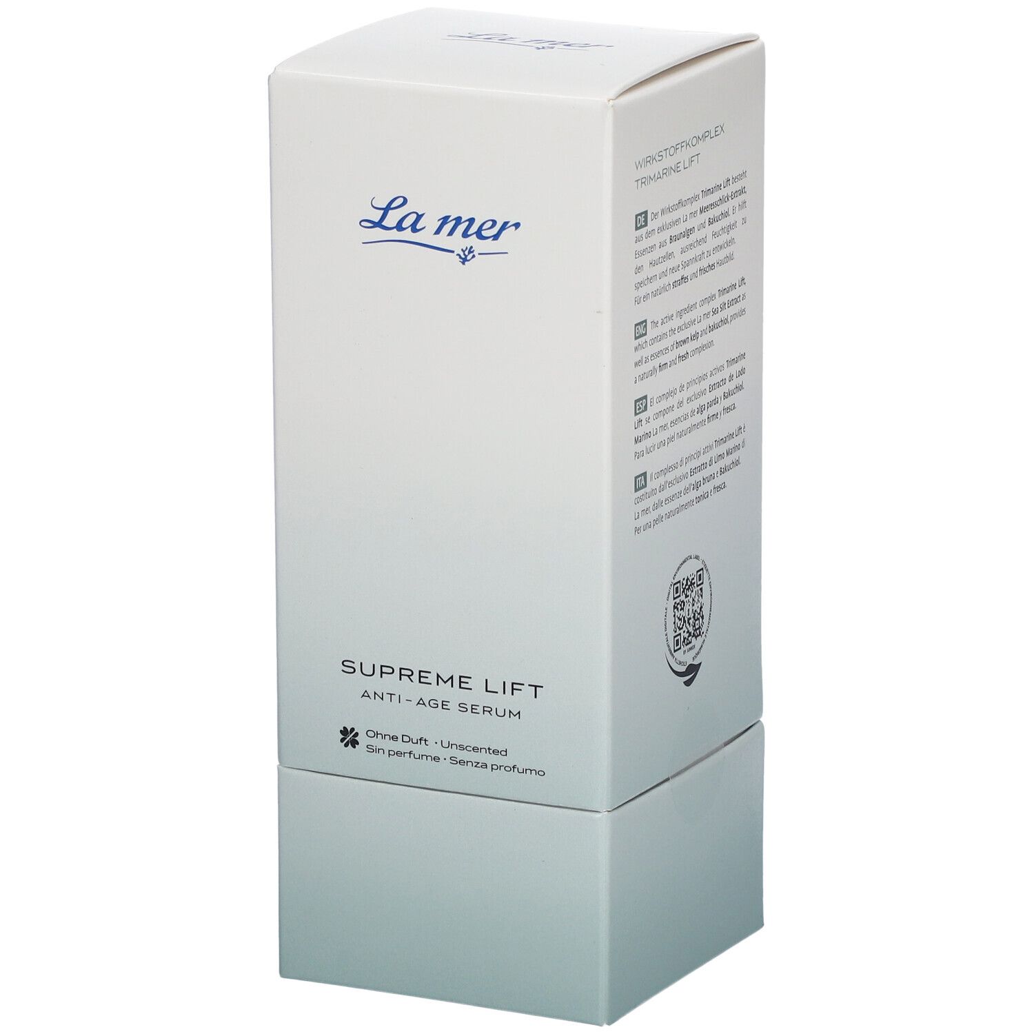 Boîte blanche avec logo La mer et nom du produit SUPREME LIFT ANTI-AGE SERUM. Sans parfum.