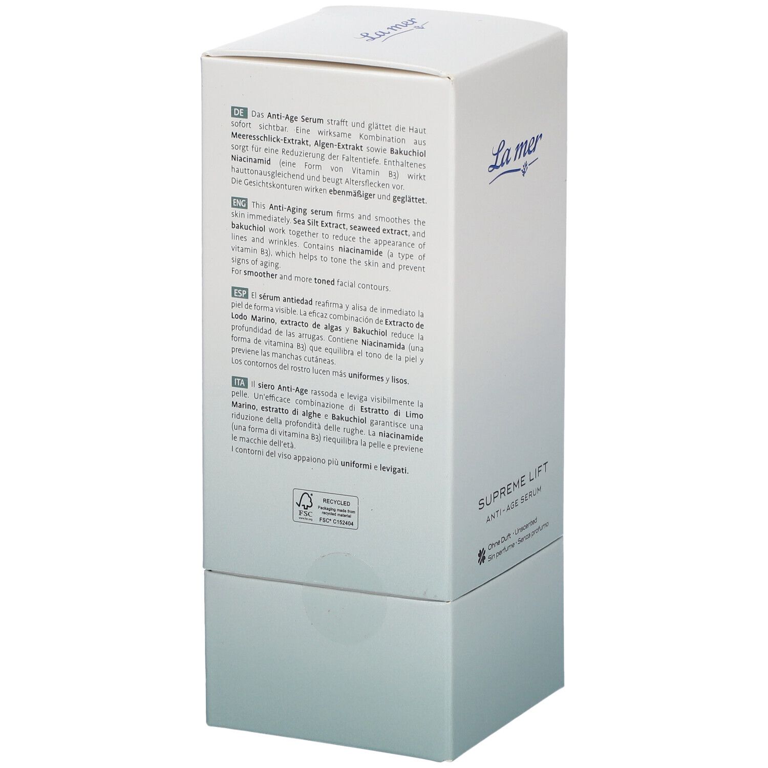 Dos de la boîte blanche avec informations produit multilingues et code QR.