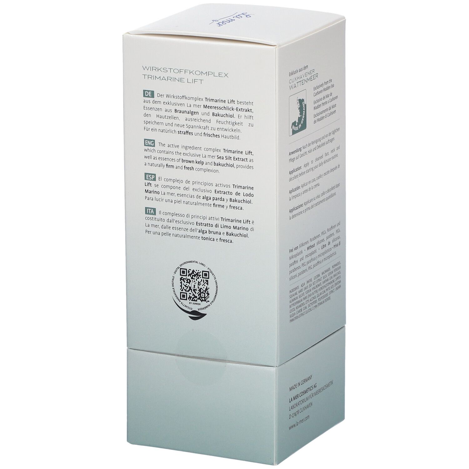 Dos de la boîte blanche avec informations sur le complexe d'ingrédients actifs. Code QR.