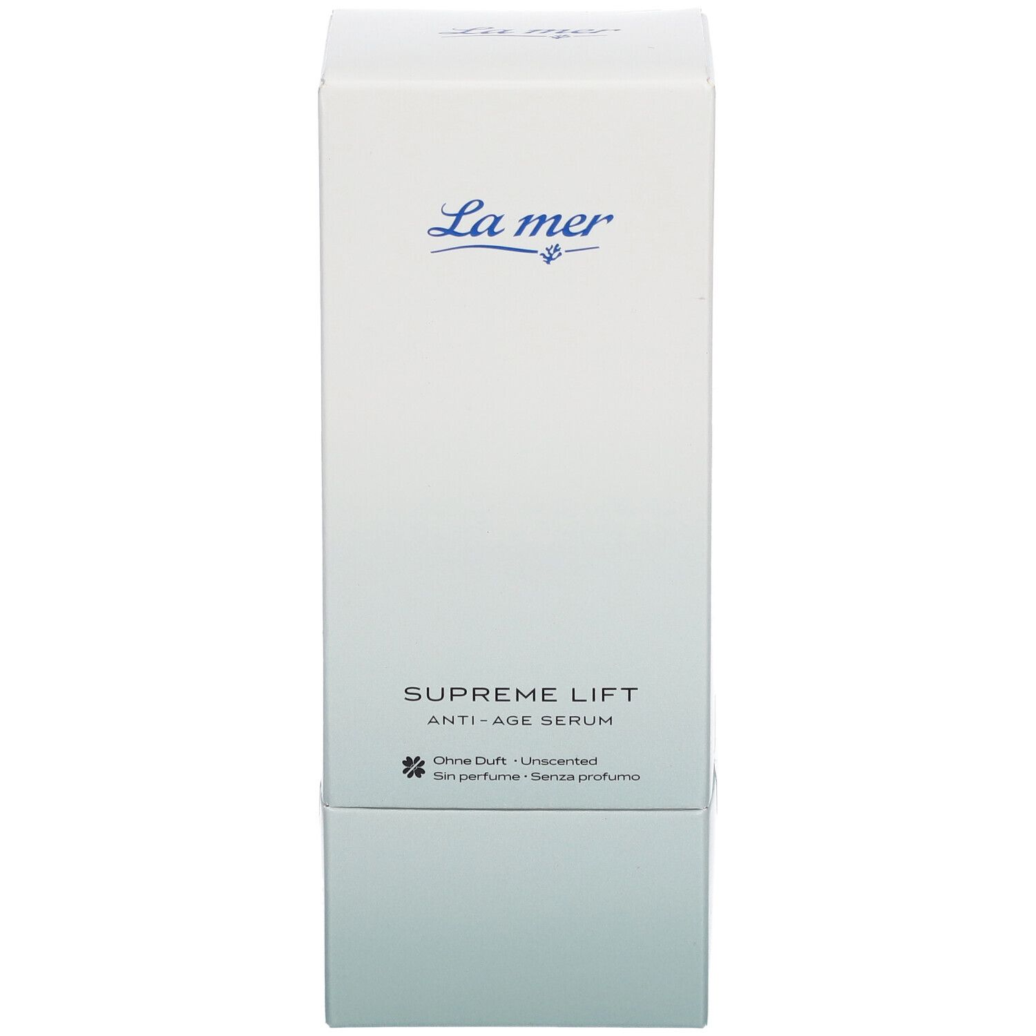 Produit blanc avec logo La mer et nom du produit SUPREME LIFT ANTI-AGE SERUM. Sans parfum.