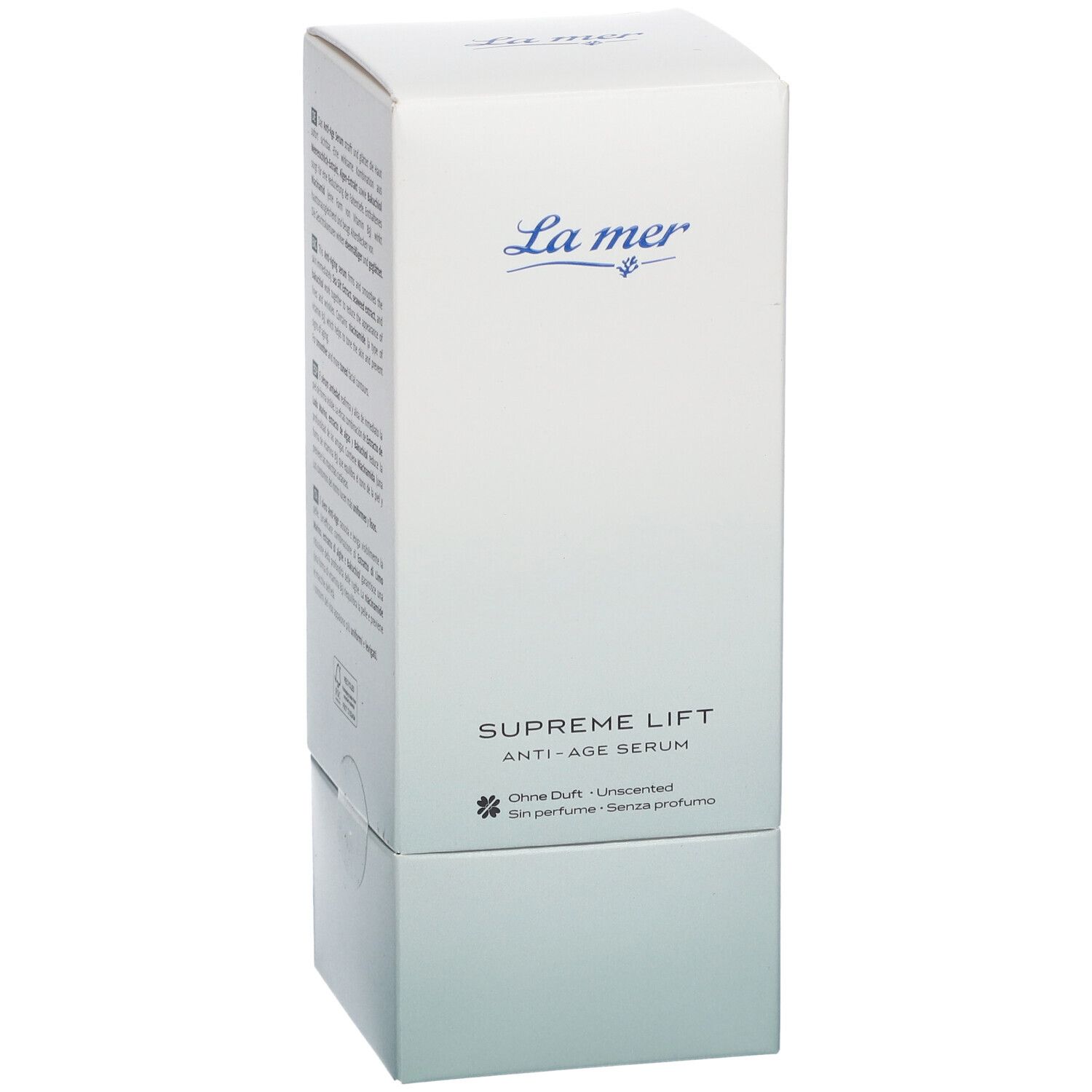 Produit blanc avec logo La mer et nom du produit SUPREME LIFT ANTI-AGE SERUM. Sans parfum.