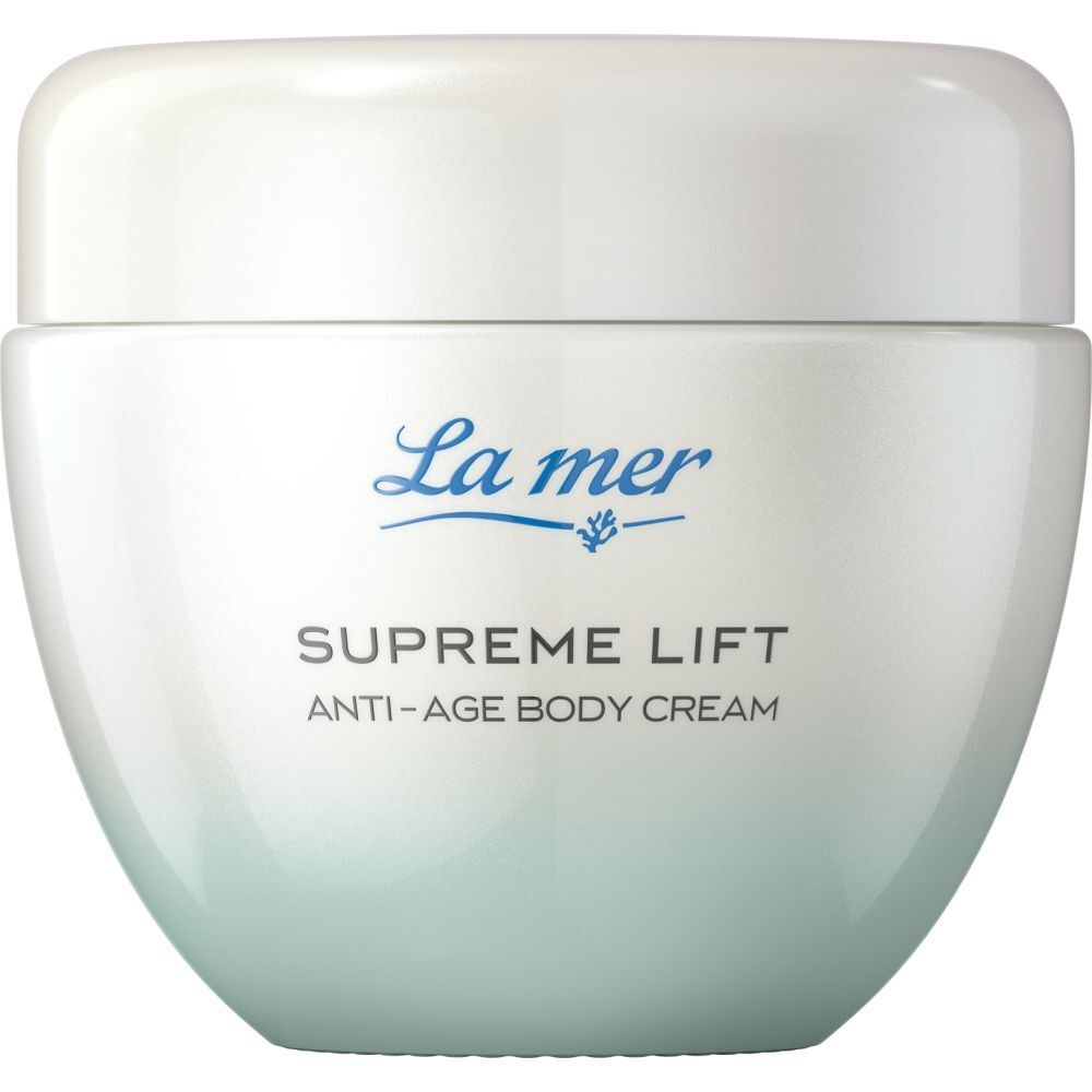 Pot blanc avec logo La mer et nom du produit Supreme Lift Anti-Age Body Cream. Dégradé de couleurs bleu.