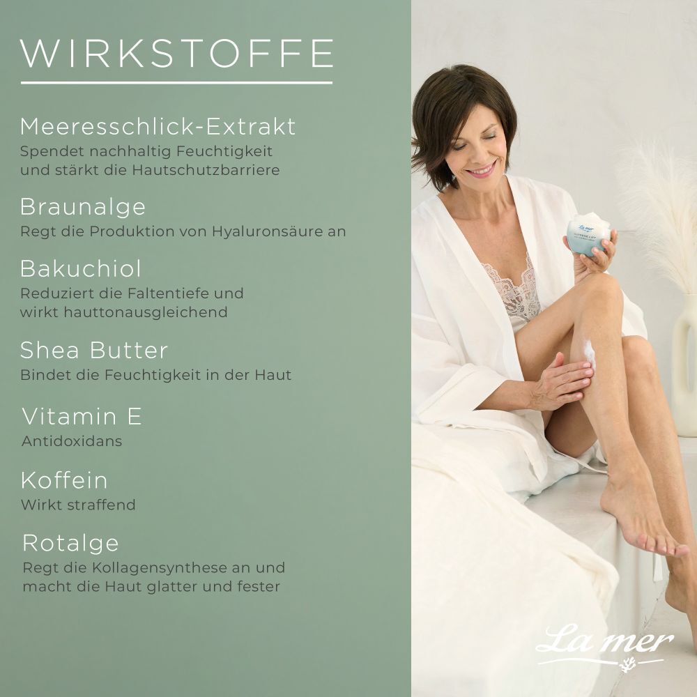 Ingrédients. Texte : Extrait de limon marin, algue brune, bakuchiol, beurre de karité, vitamine E, caféine, algue rouge. Femme applique crème.
