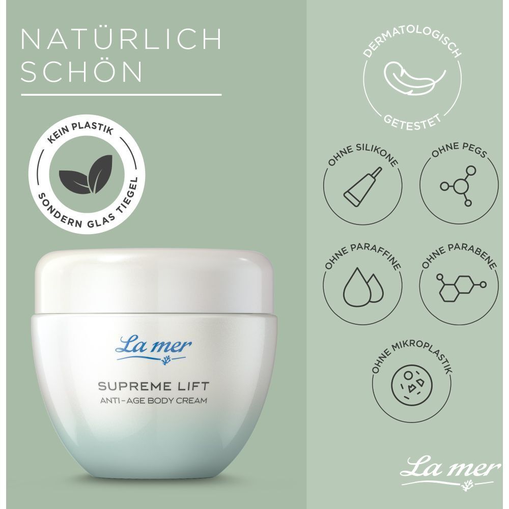 Pot blanc avec logo La mer et nom du produit Supreme Lift Anti-Age Body Cream. Icônes : Sans plastique, silicones, paraffines, parabènes.