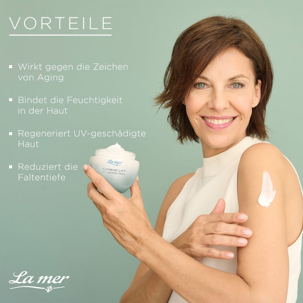 Femme tient pot Supreme Lift. Texte : Agit contre le vieillissement, hydrate, régénère la peau endommagée par les UV, réduit les rides.
