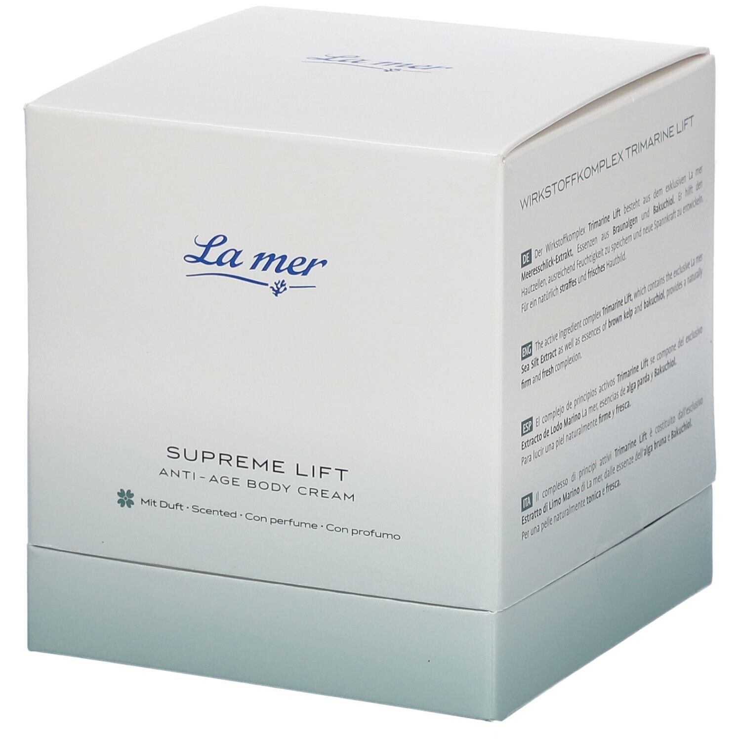 Emballage carré blanc. Logo La mer et nom du produit Supreme Lift. Texte en allemand, anglais, espagnol et italien.