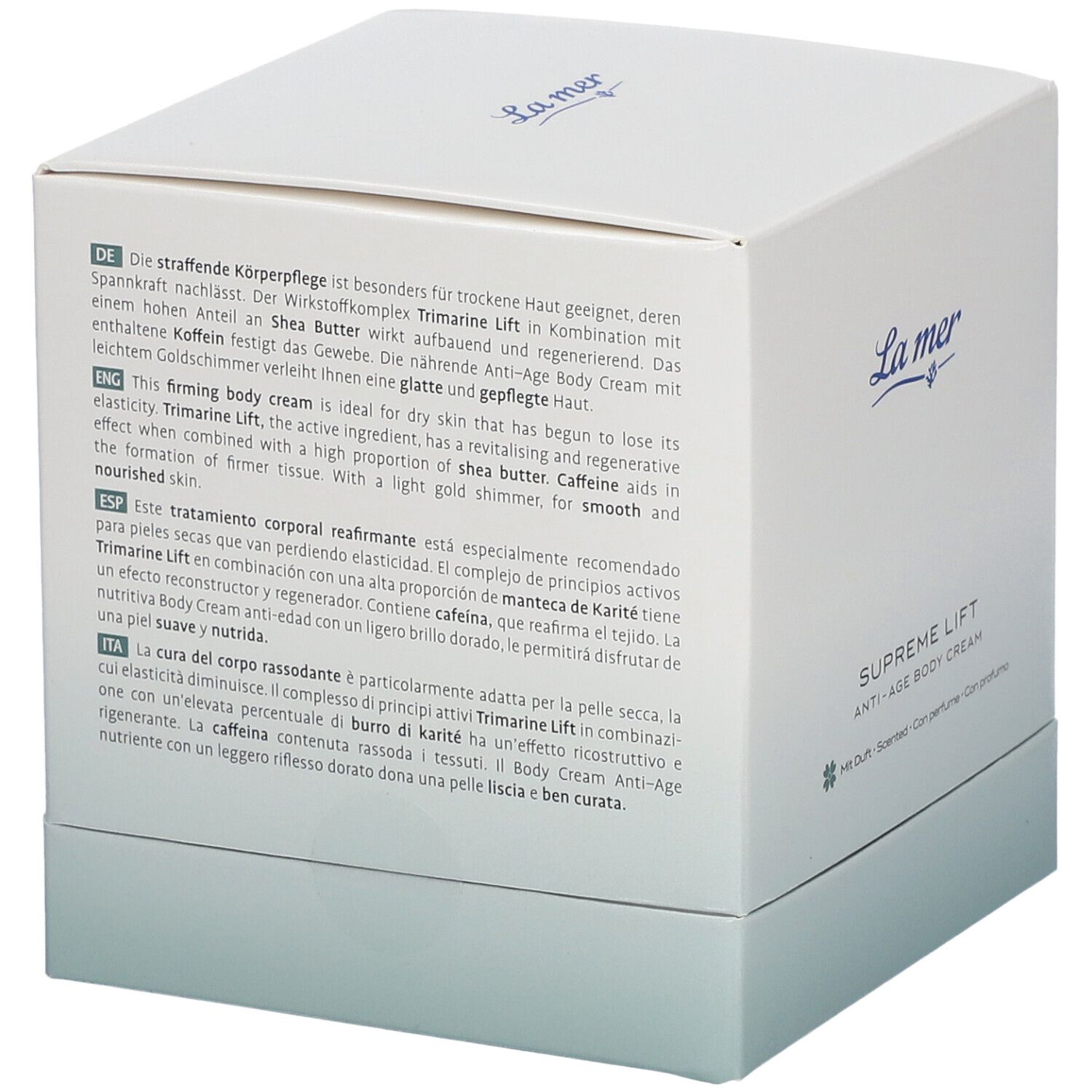 Emballage carré blanc. Texte en allemand, anglais, espagnol et italien. Nom du produit Supreme Lift Anti-Age Body Cream.