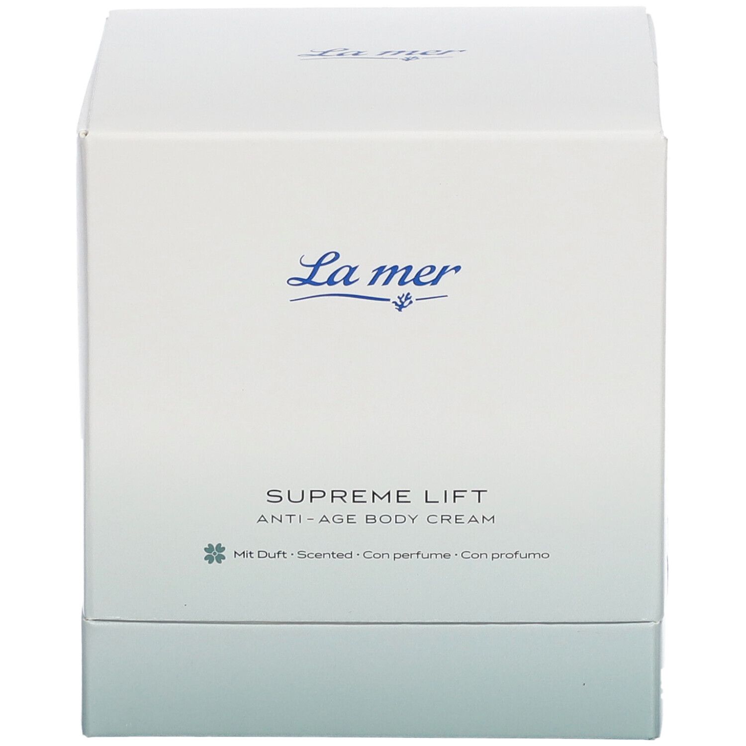 Emballage carré blanc. Logo La mer et nom du produit Supreme Lift Anti-Age Body Cream. Avec parfum.