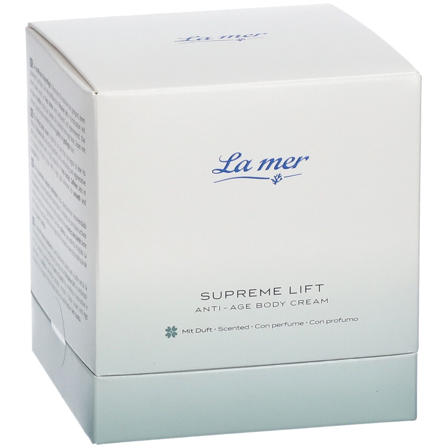 Emballage carré blanc. Logo La mer et nom du produit Supreme Lift Anti-Age Body Cream. Avec parfum.