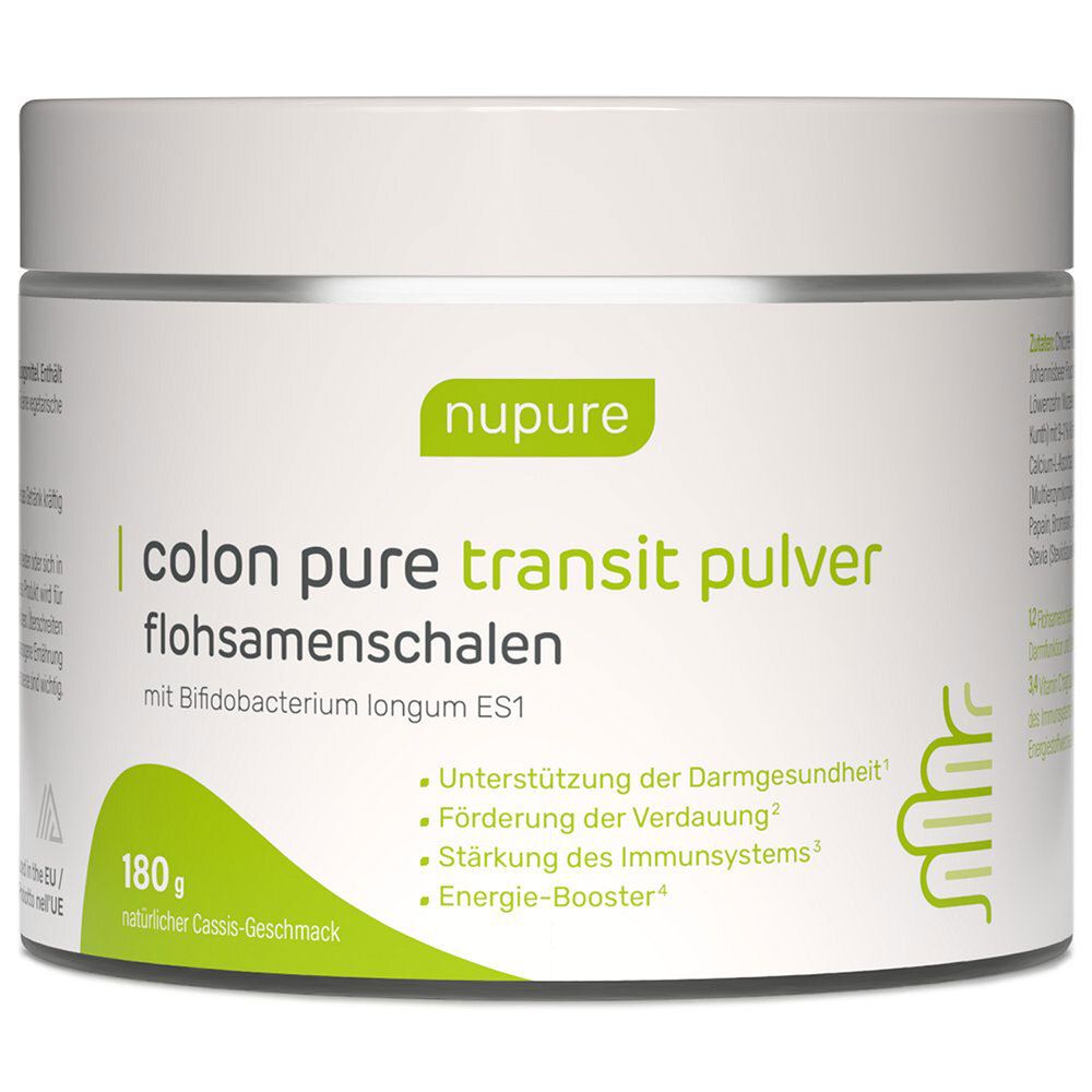 Boîte ronde avec couvercle blanc. Inscription : nupure, colon pure transit pulver, flohsamenschalen. Étiquettes vertes et blanches avec texte et logo.