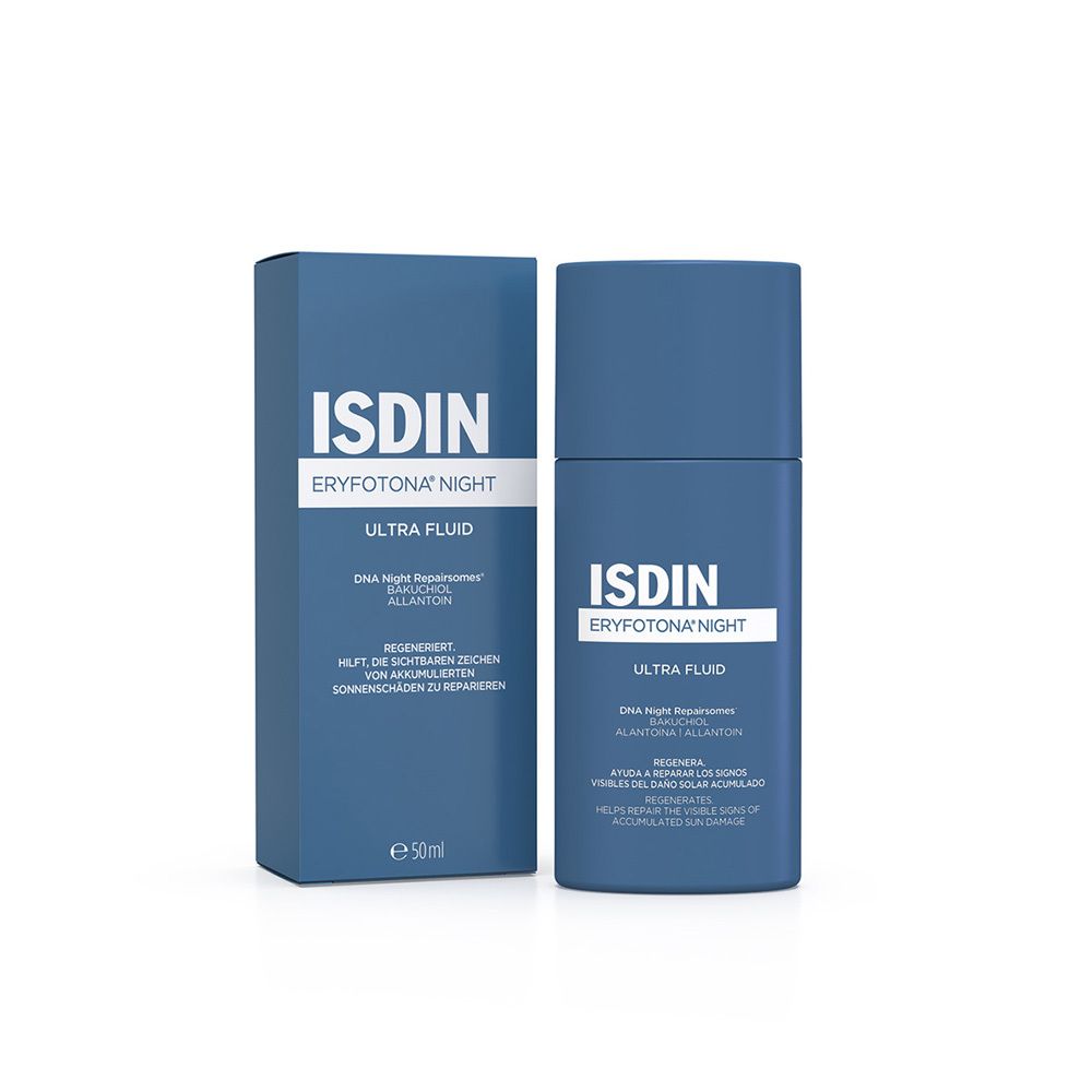 Emballage et flacon ISDIN Eryfotona Night Ultra Fluid. Flacon et boîte bleus avec informations produit.