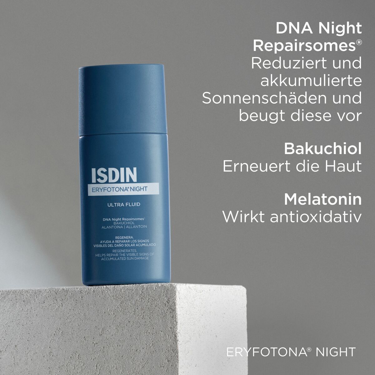 Flacon ISDIN Eryfotona Night Ultra Fluid. Texte : DNA Night Repairosomes, Bakuchiol, Allantoïne, Mélatonine.