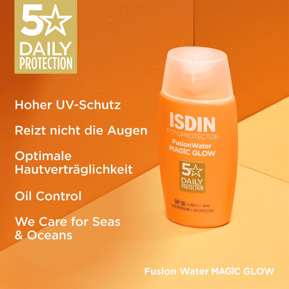 Flacon orange. ISDIN Fotoprotector Fusion Water Magic Glow LSF 30. Texte : 5 Daily Protection.