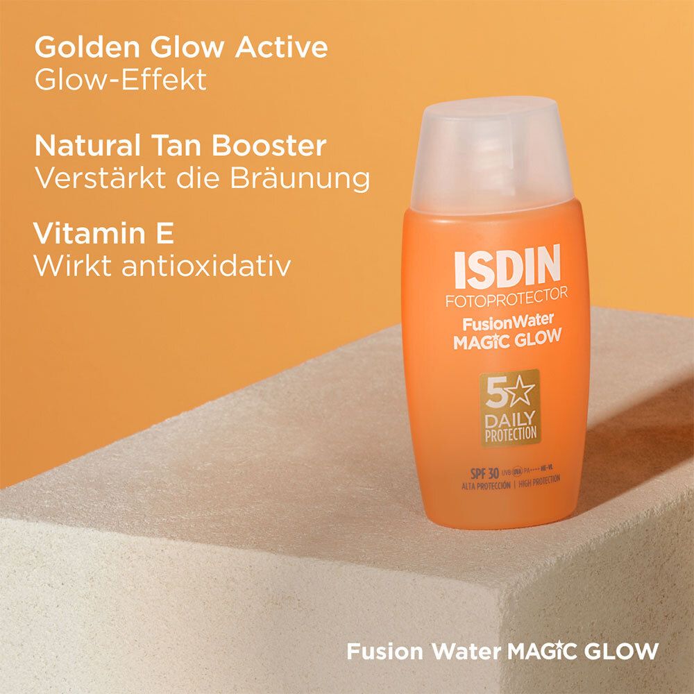 Flacon orange. ISDIN Fotoprotector Fusion Water Magic Glow LSF 30. Texte : Golden Glow Active.