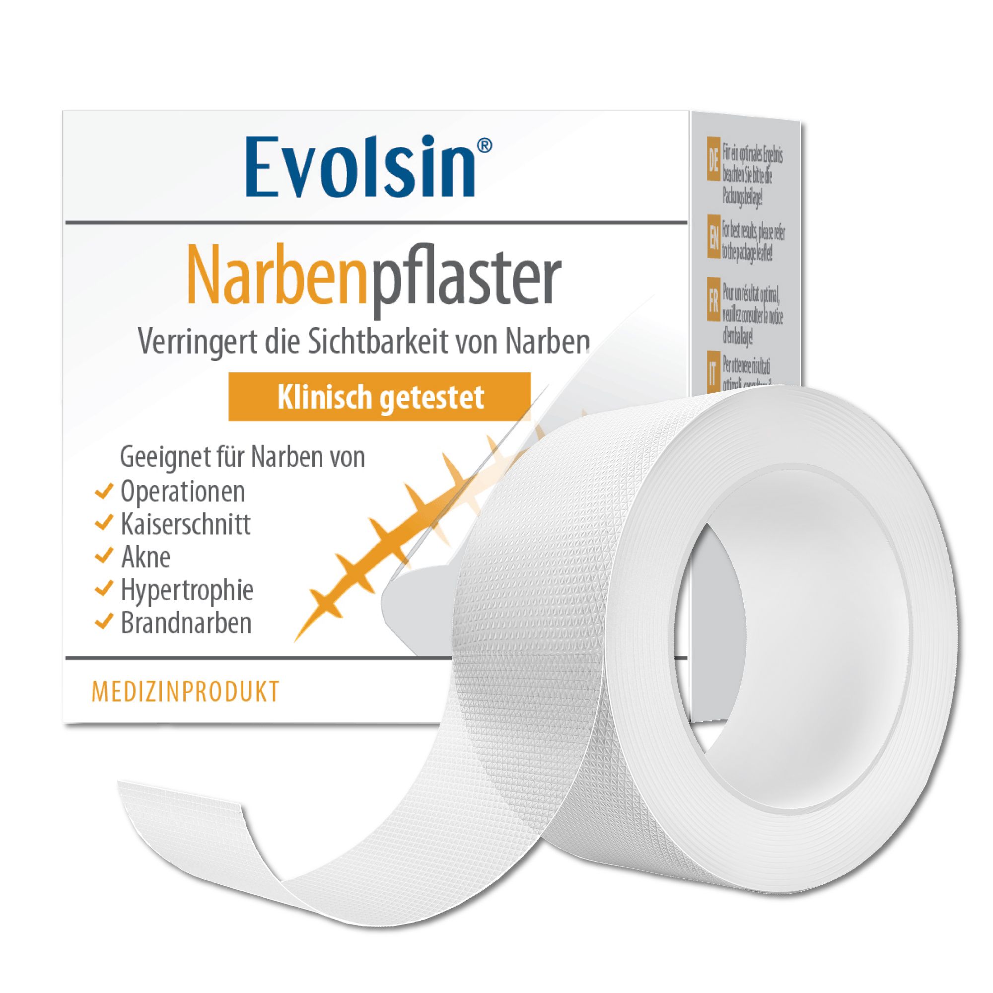 Rouleau de pansement transparent et emballage. Inscription: Evolsin, réduit les cicatrices, testé cliniquement.
