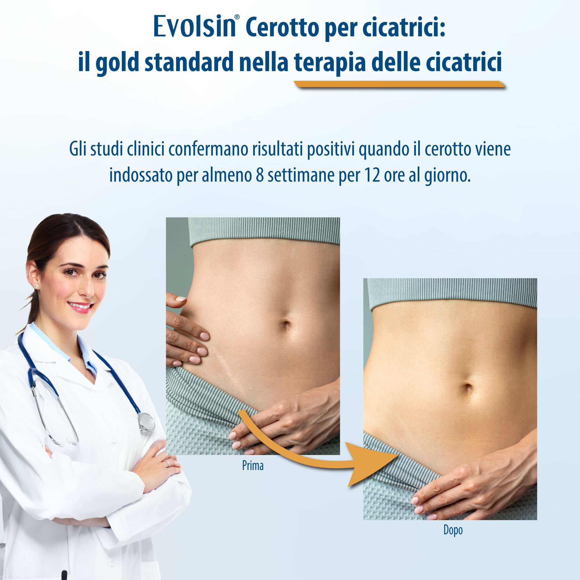 Médecin avec stéthoscope à côté d'images avant-après d'un ventre avec cicatrice. Flèche indiquant l'amélioration après utilisation du patch.