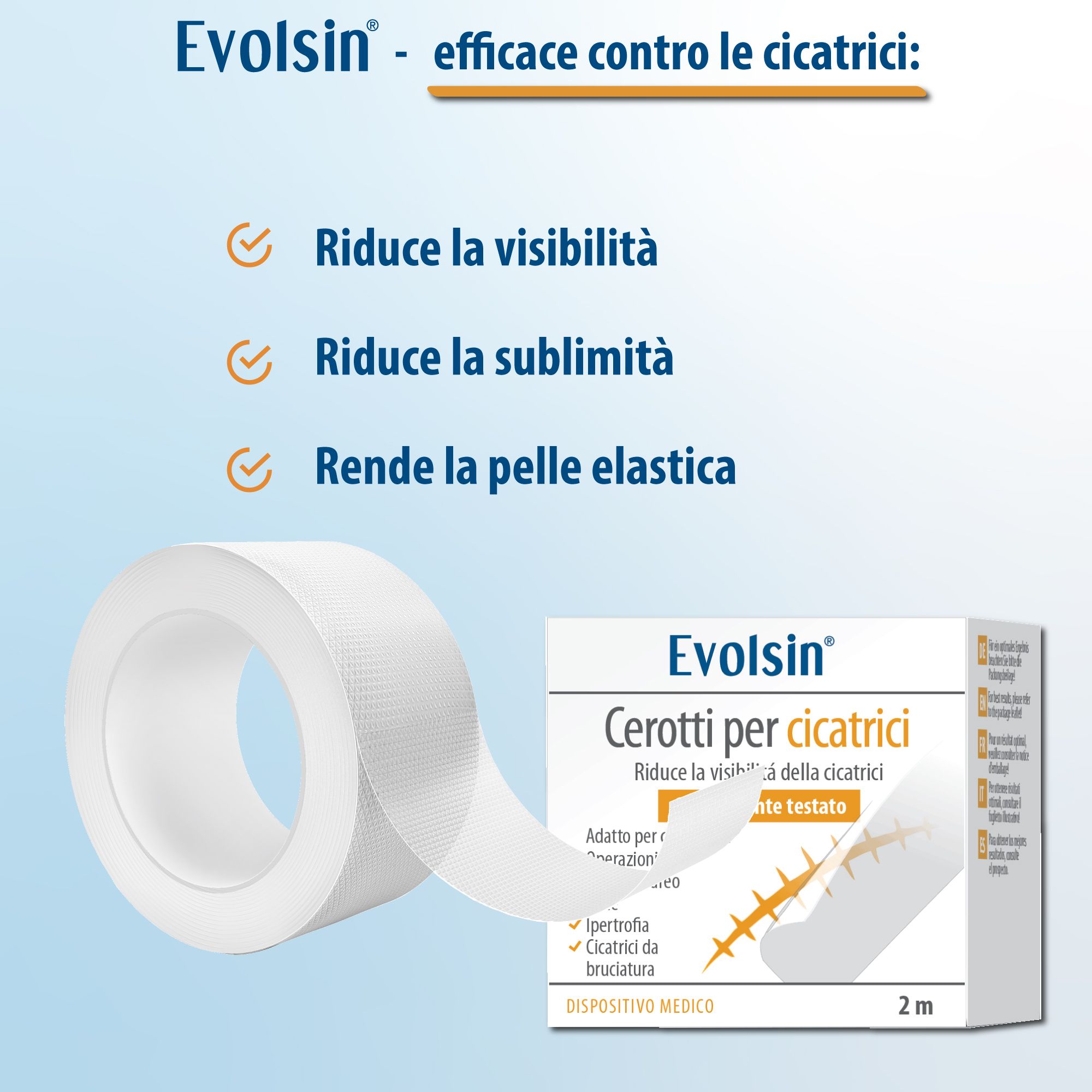 Rouleau de pansement cicatrisant et emballage. Réduit la visibilité, l'élévation et rend la peau élastique. Rouleau de 2 m.