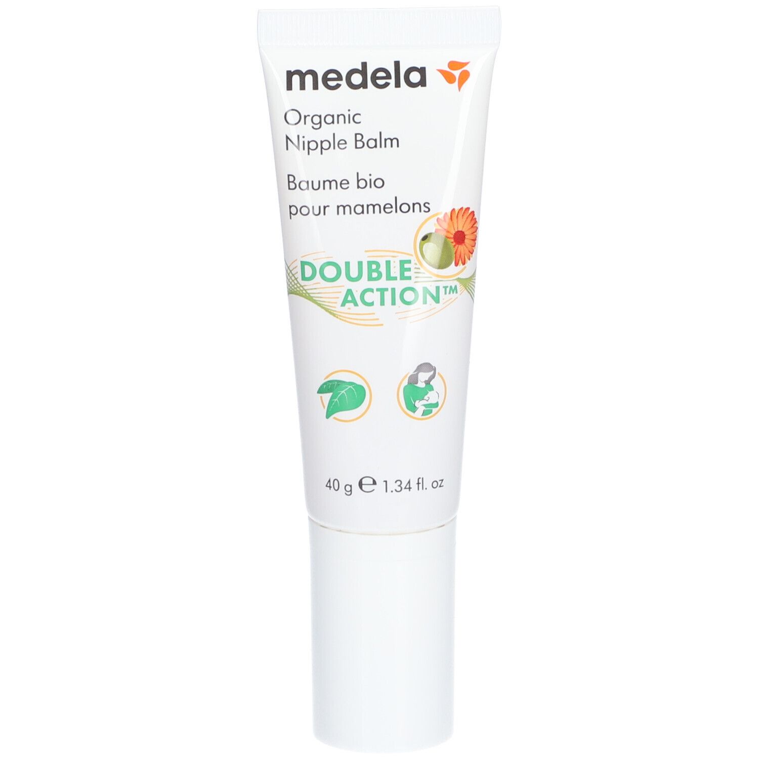 Tube blanc avec nom du produit et logo. Inscription : Organic Nipple Balm, Double Action. 40g.