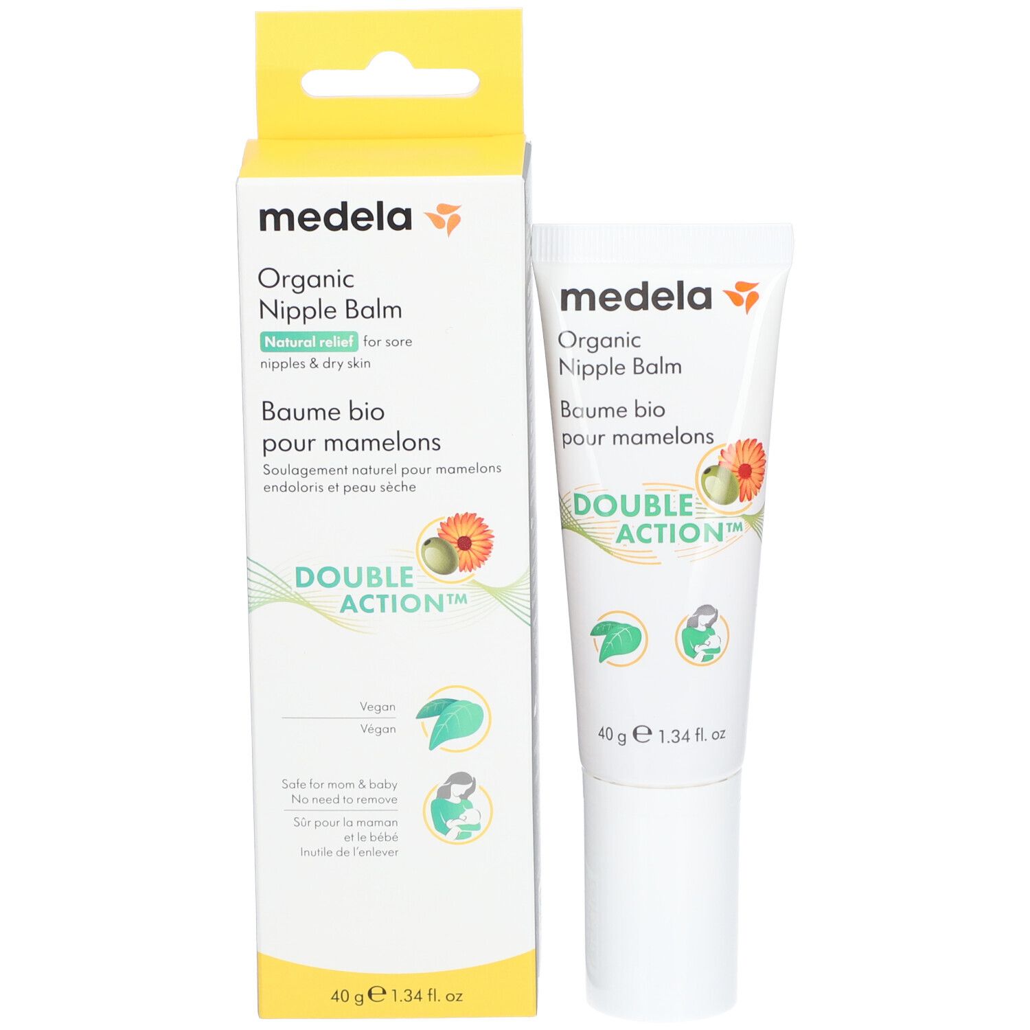 Produit et emballage. Tube et boîte avec nom du produit et logo. Inscription : Organic Nipple Balm.