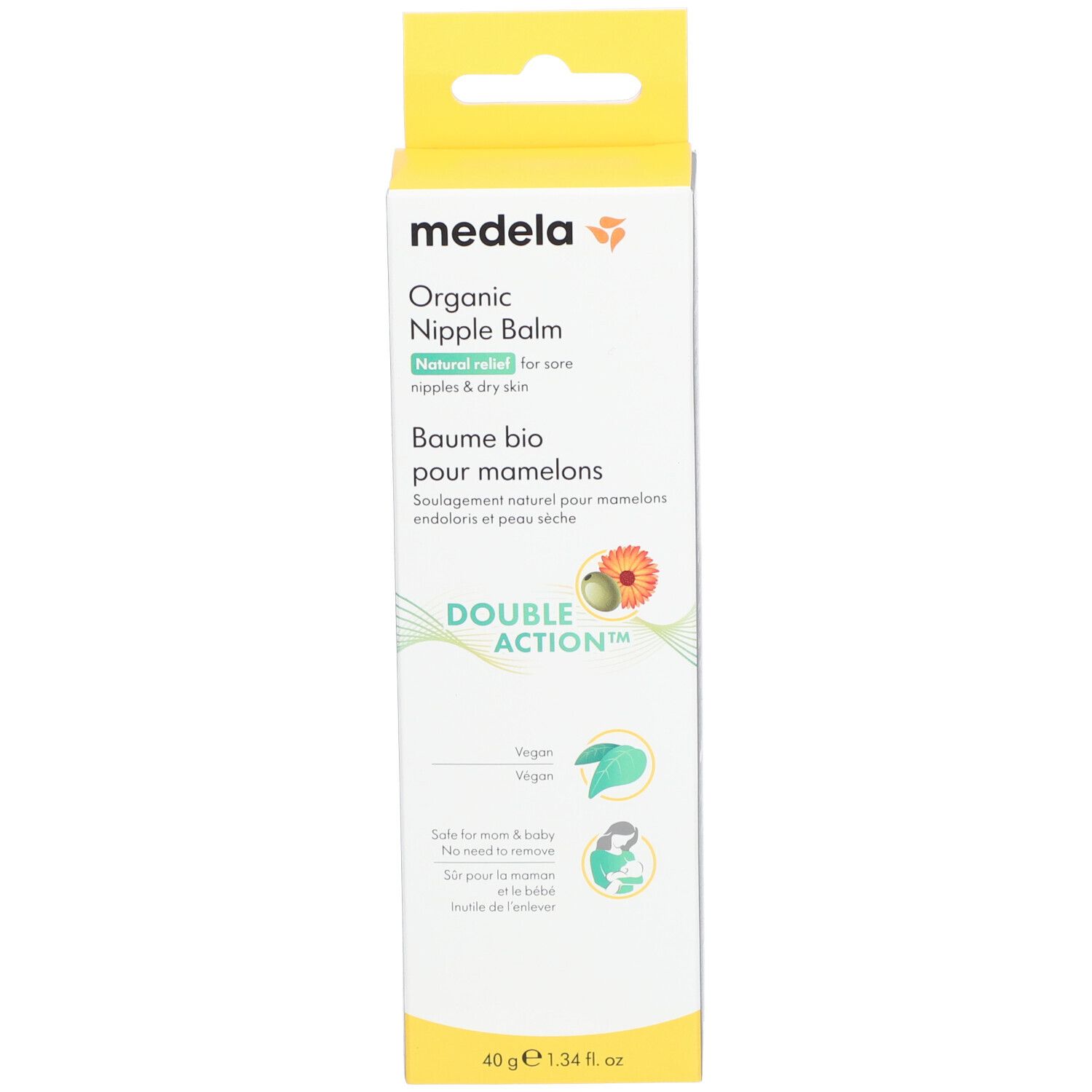 Boîte jaune avec nom du produit et logo. Inscription : Organic Nipple Balm, Double Action. 40g.