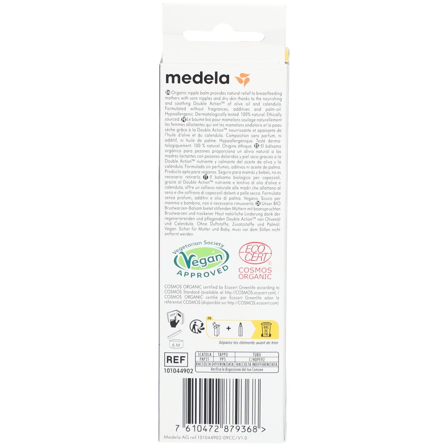 Dos de la boîte avec texte et logos. Certification Vegan et Cosmos Organic. Numéro REF.