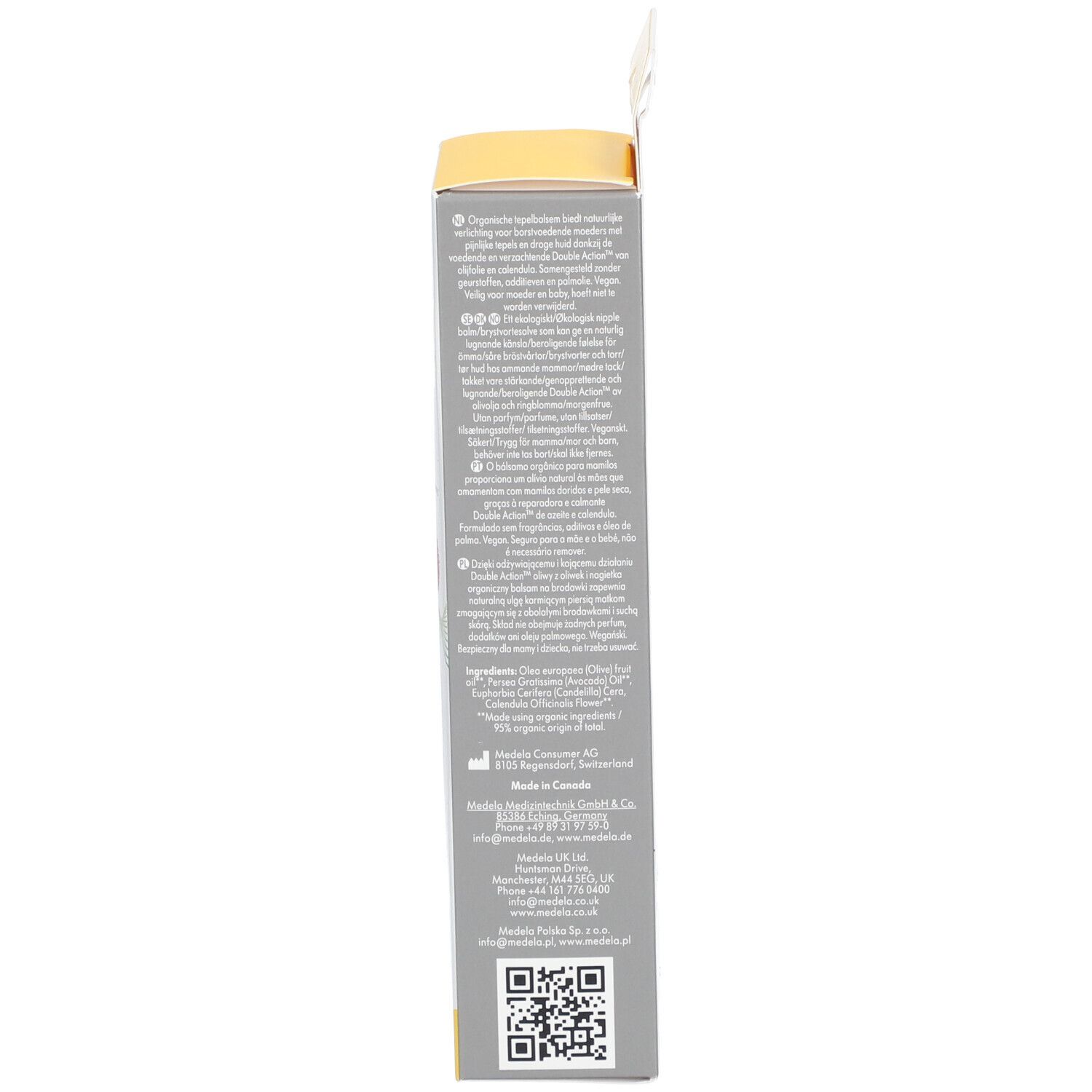 Côté de la boîte avec texte et code QR. Informations fabricant et ingrédients.