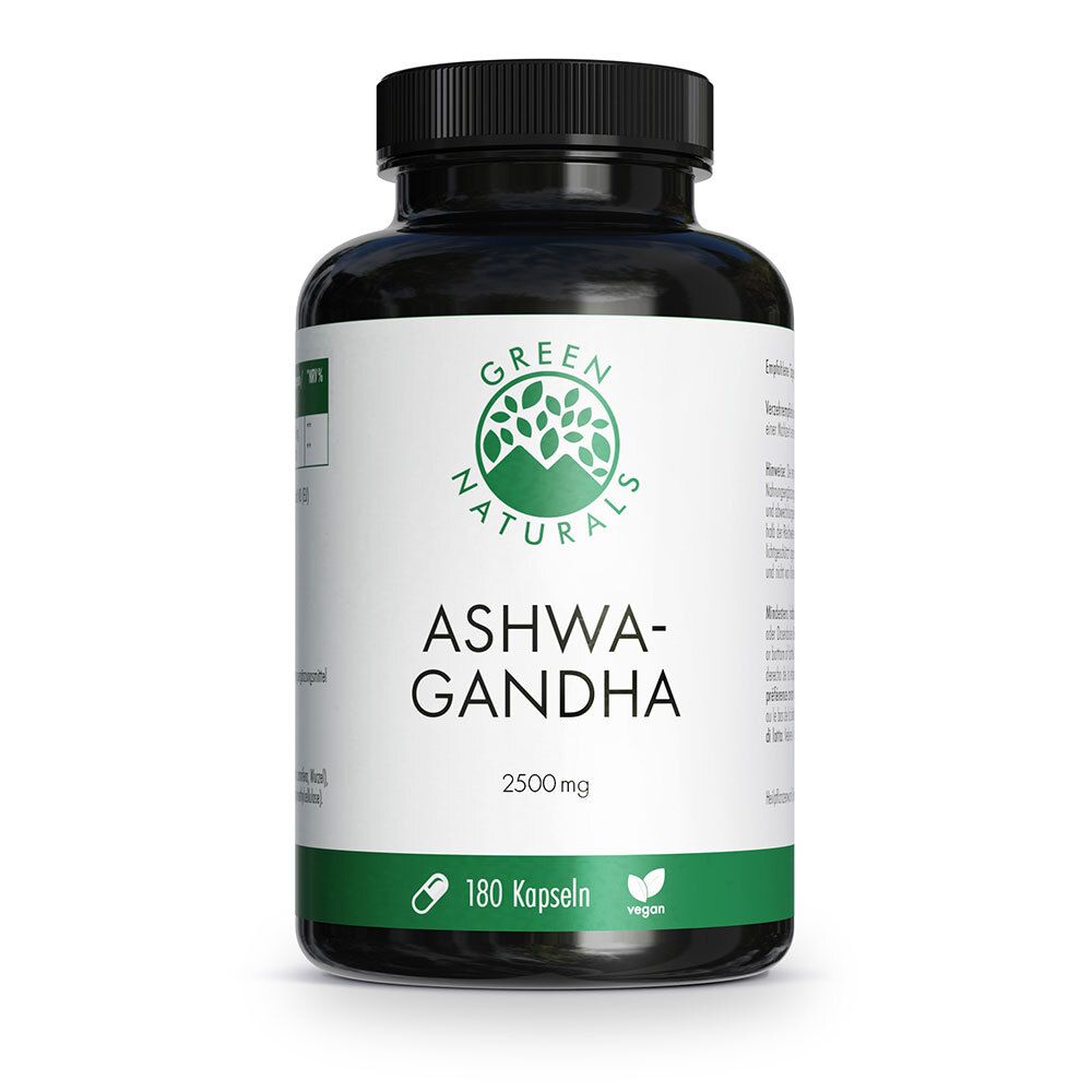 Pot noir avec GREEN NATURALS Ashwagandha, 2500 mg, 180 gélules, végan.