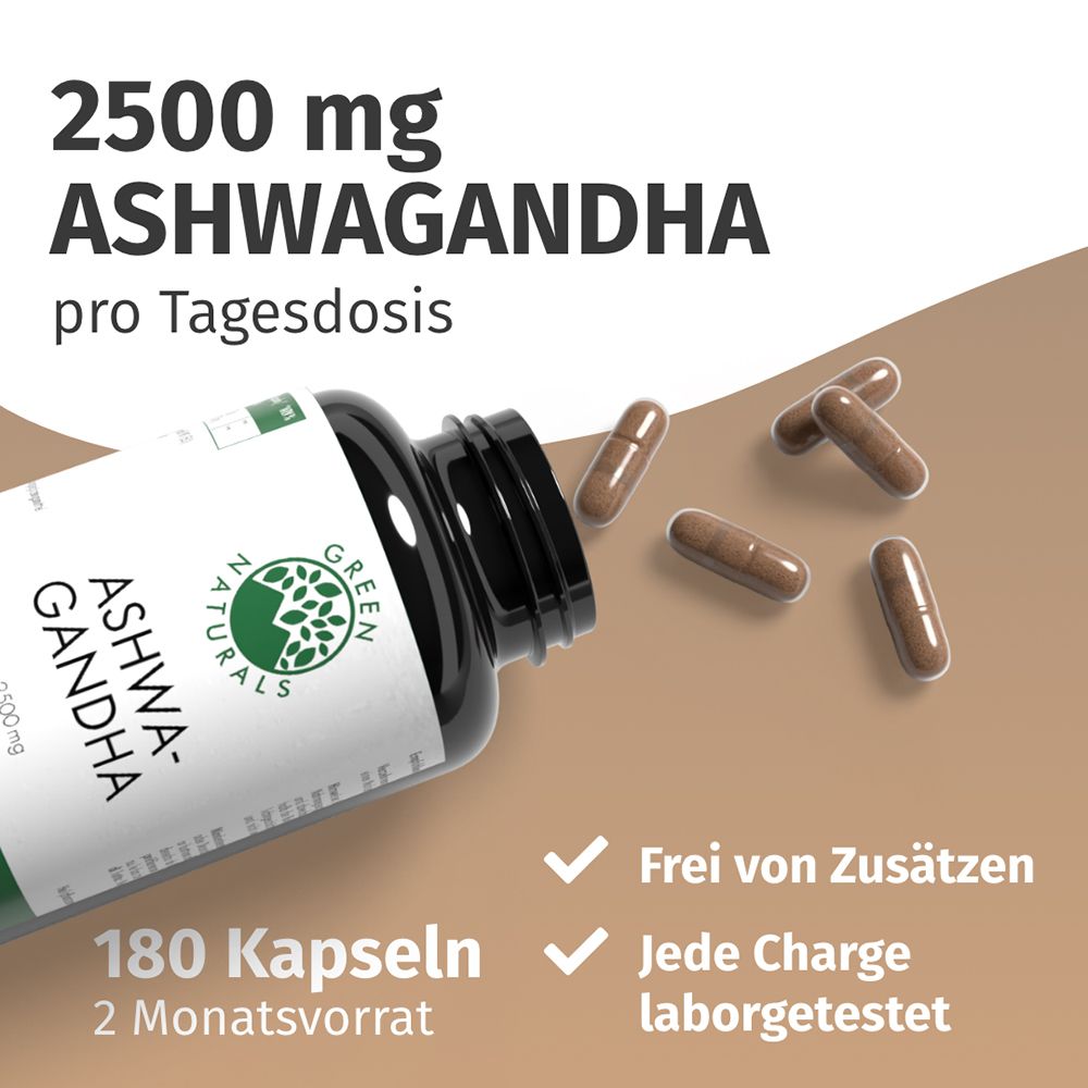 Pot GREEN NATURALS Ashwagandha 2500 mg, 180 gélules. Gélules détachées à côté.