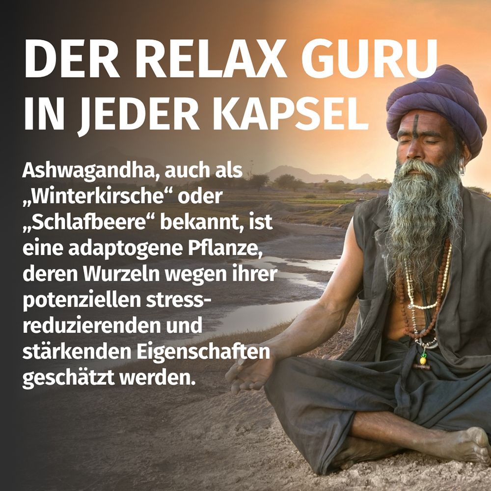 Homme méditant avec texte sur l'Ashwagandha, aussi appelée cerise d'hiver.