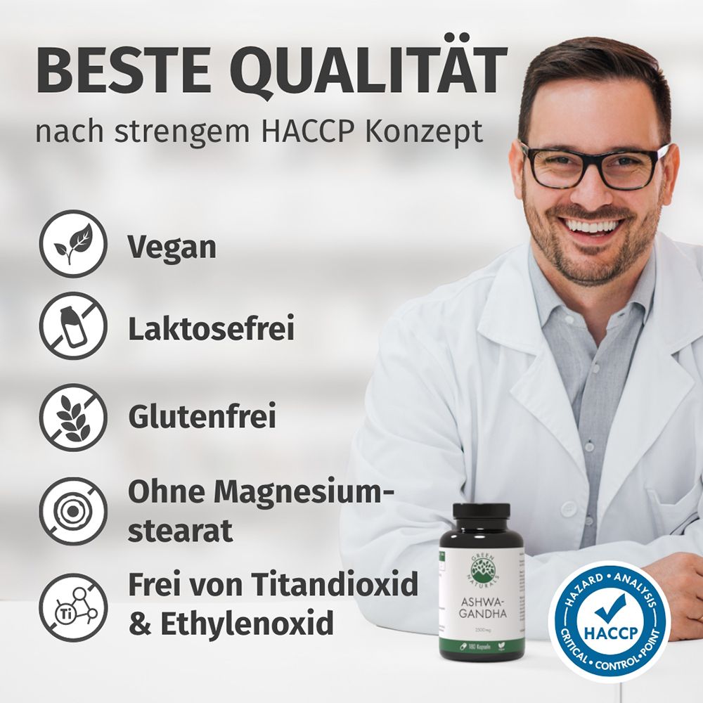 Homme en blouse blanche avec pot d'Ashwagandha. Certificats : Végan, Sans lactose, Sans gluten.