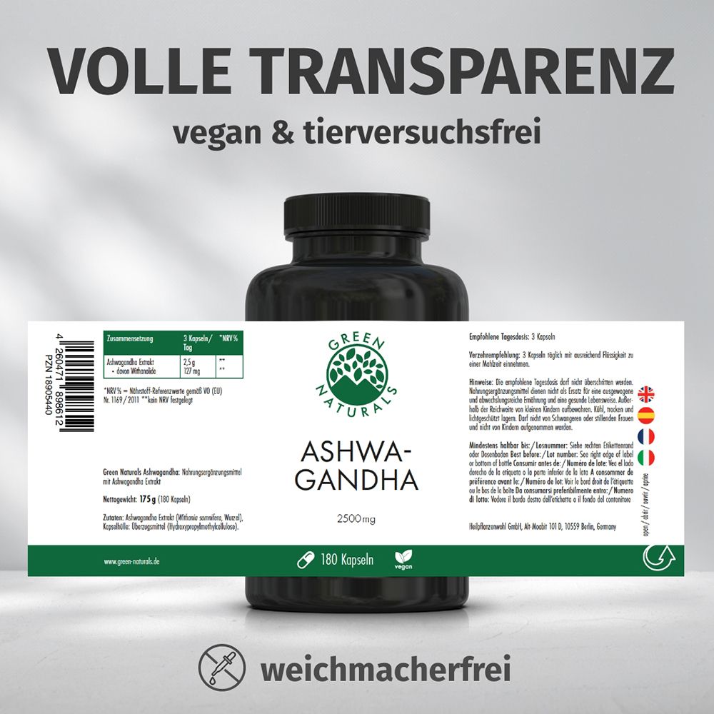 Arrière du pot GREEN NATURALS Ashwagandha avec étiquette et sceaux.